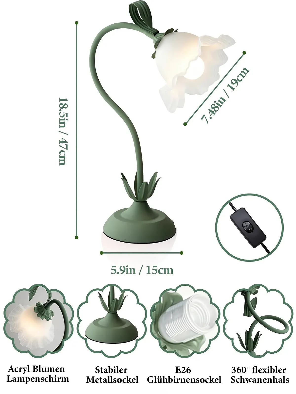 Настільна лампа Flower Vintage LED 3 режими кольору Гнучка E27 Green, фото №4