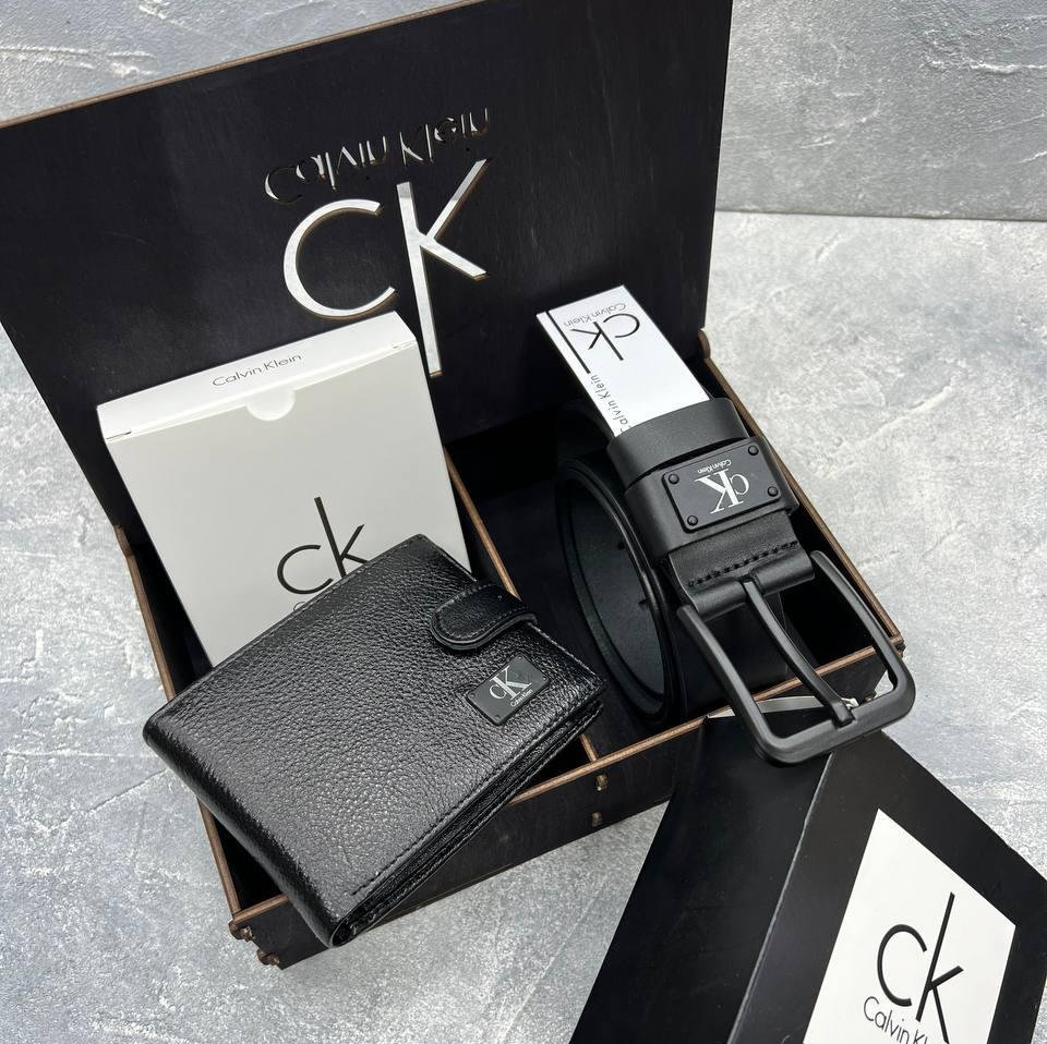 Подарочный набор Calvin Klein ремень и кошелек в деревянной коробочке, фото №1