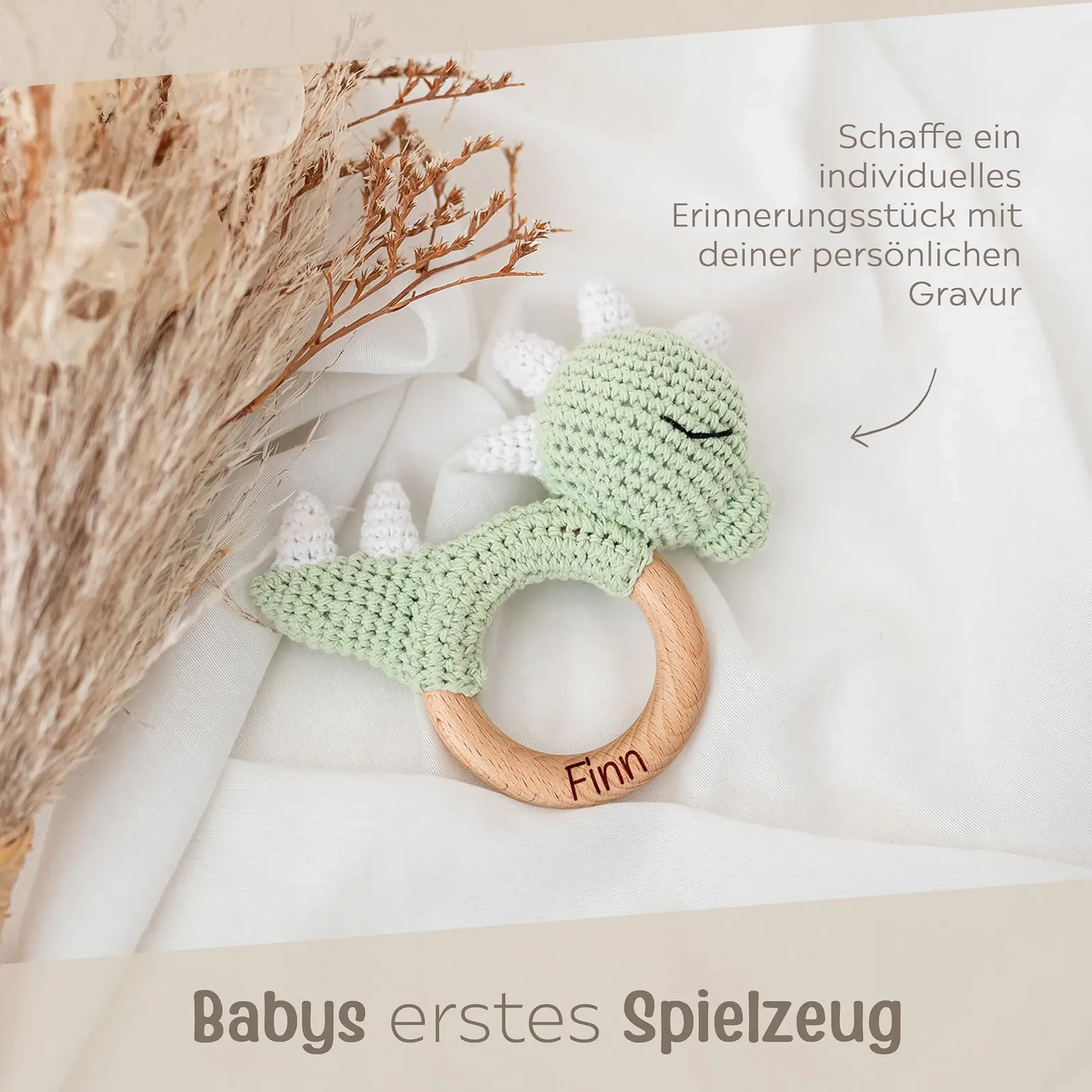 Прорезыватель для зубов именной Wunderwunsch Dino Green с именем, фото №2