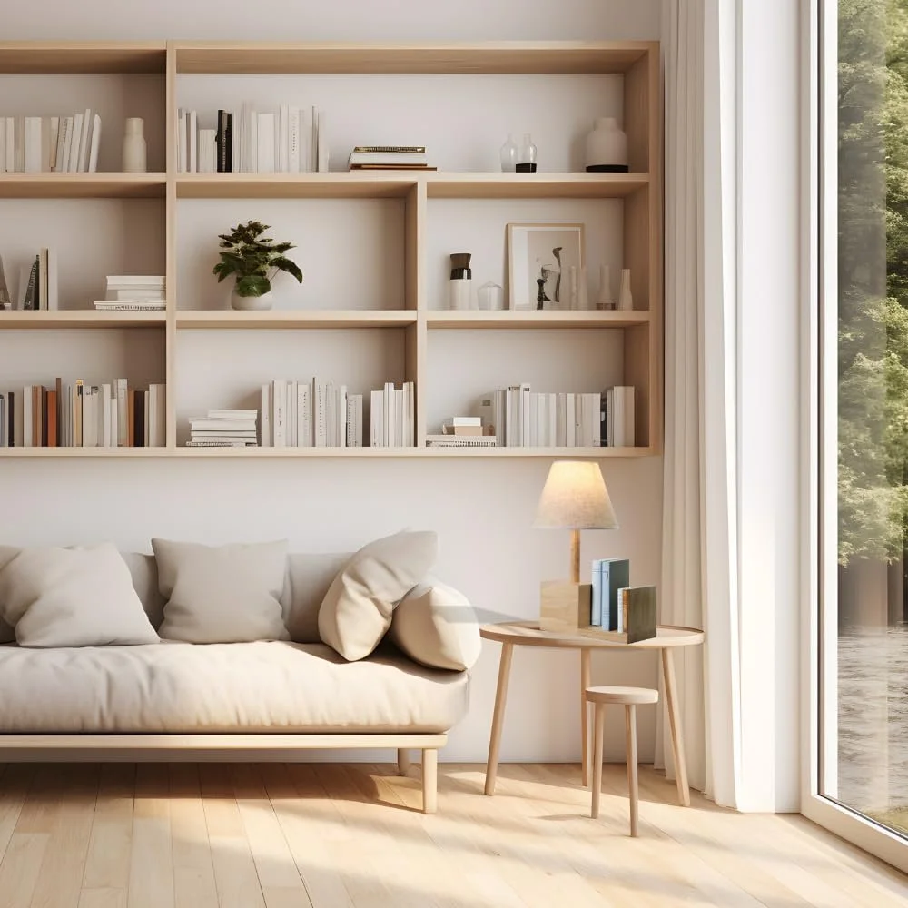 Настільна лампа дерев'яна з полицею для книг та тканинним абажуром 30 x 40 x 22 см E27, фото №6