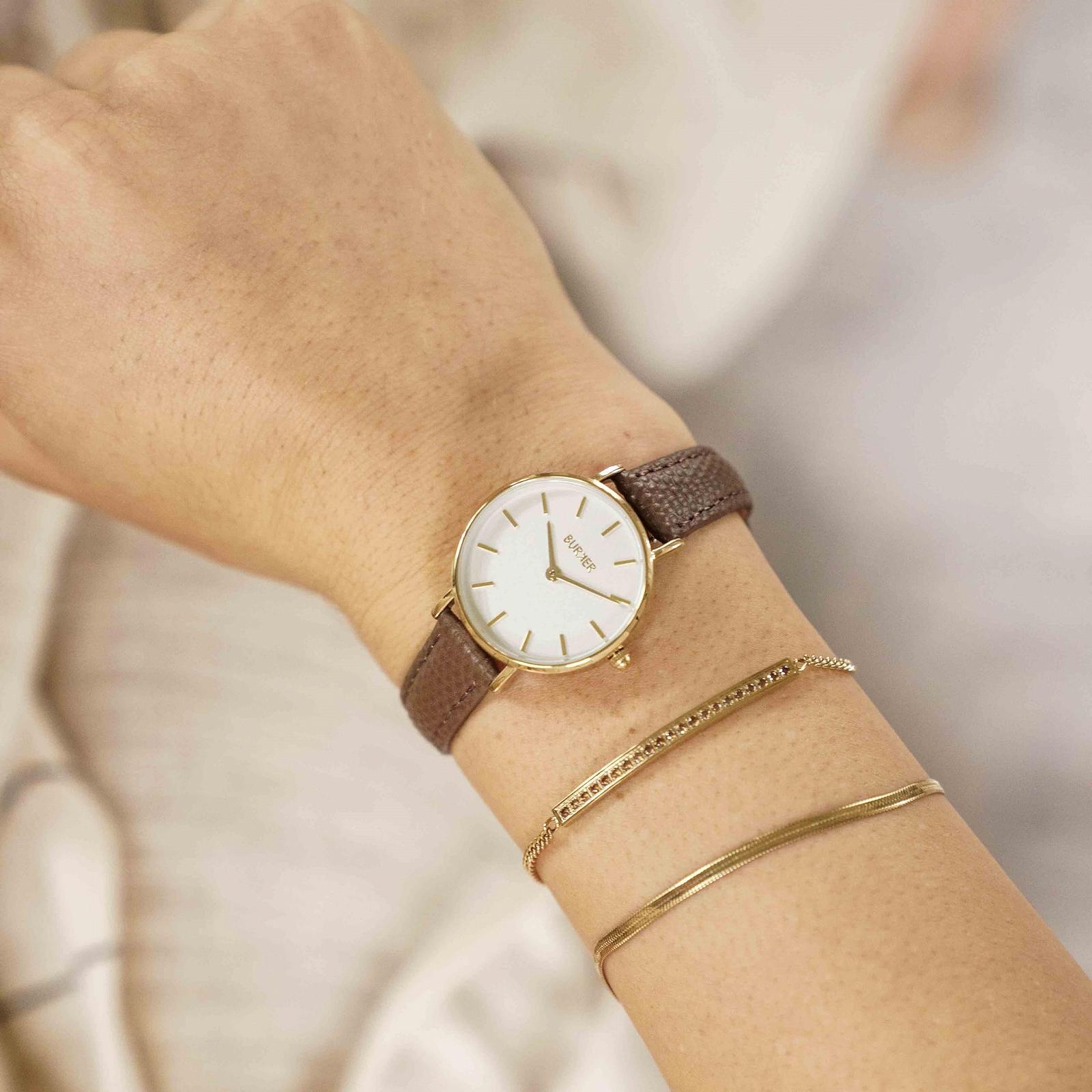 Женские часы BURKER Ruby Petite, круглые женские часы, классические аналоговые, водонепроницаемые 3 ATM, кожаный ремешок, золото-коричневый, 28 мм, золото-коричневый - кожа, браслет, фото №2