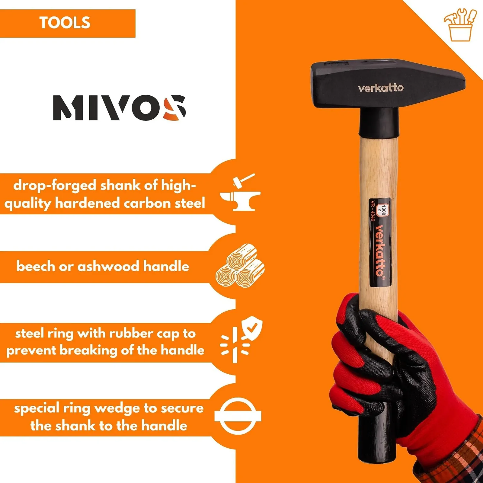 Молоток слесарный Mivos 1000 г с деревянной ручкой DIN 1041, фото №3