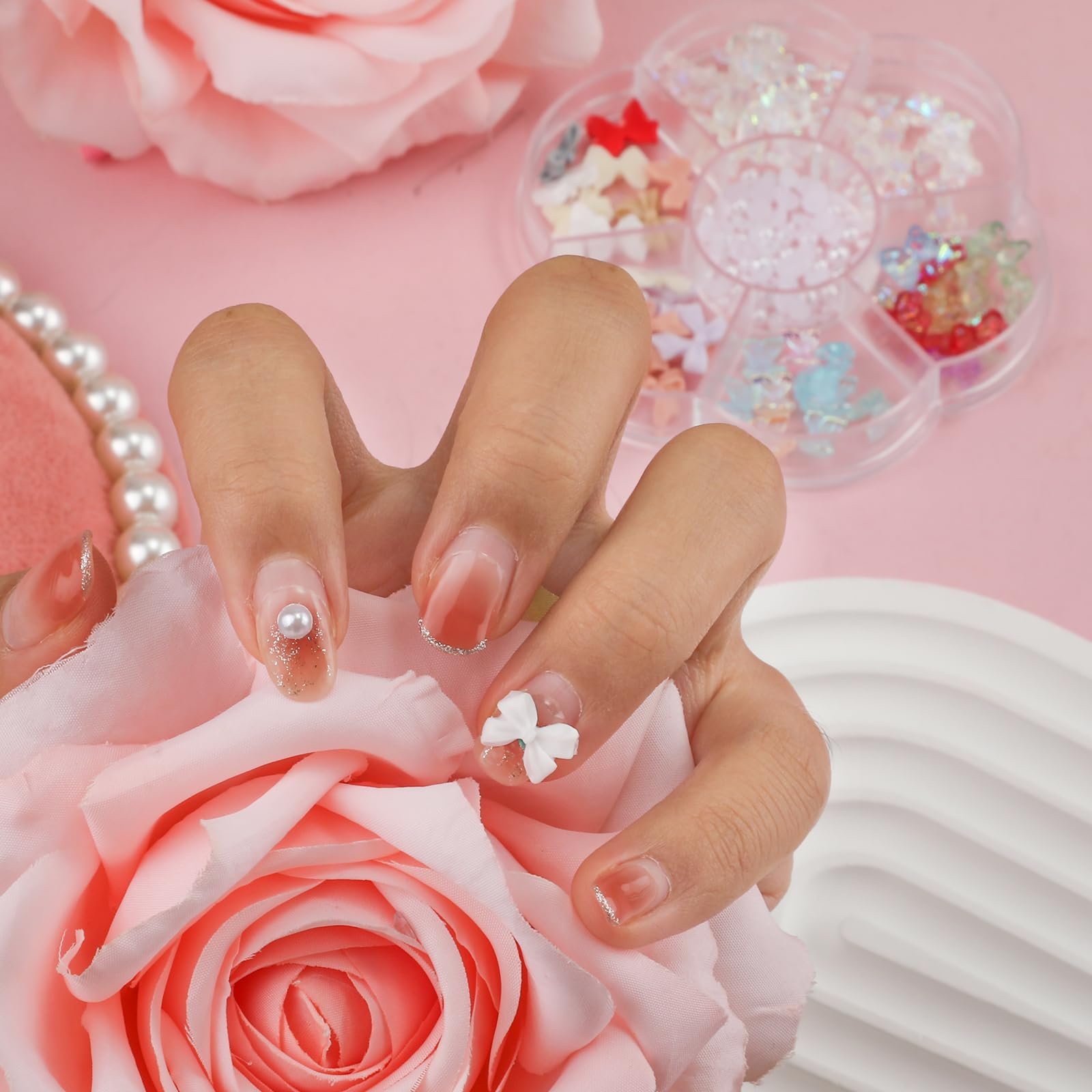 Прикраса для нігтів 3D бантики, 5 стилів Мініатюрні підвіски-бантики з милими стразами Ведмедики Перлинні камені Різнокольорові матові, фото №4