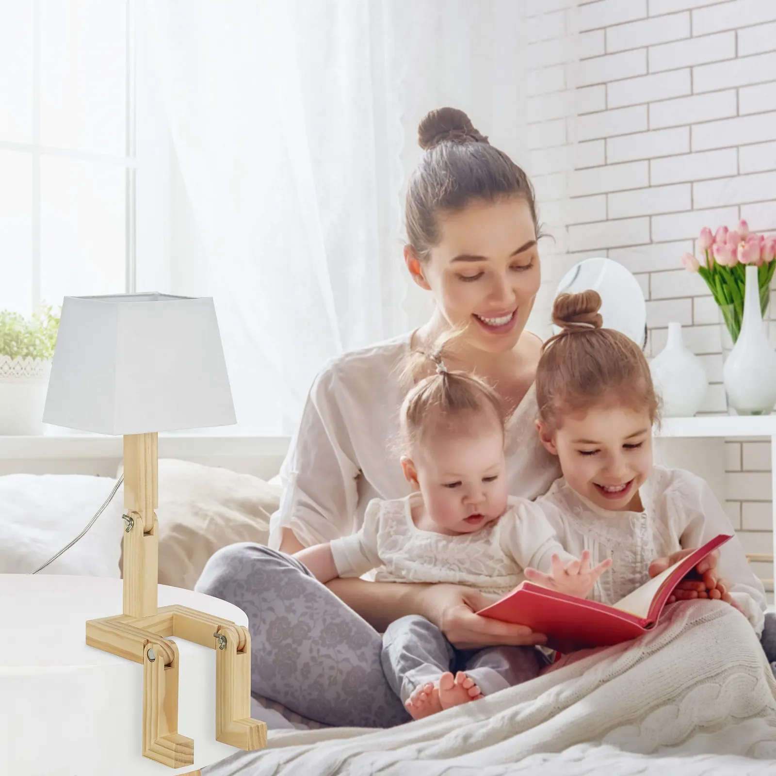 Настільна лампа Relaxdays Robot дерев'яна регульована біла, фото №2