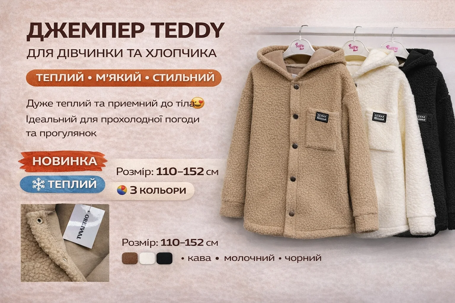 Тёплый джемпер Тедди от 110 до 152 см с капюшоном, фото №1