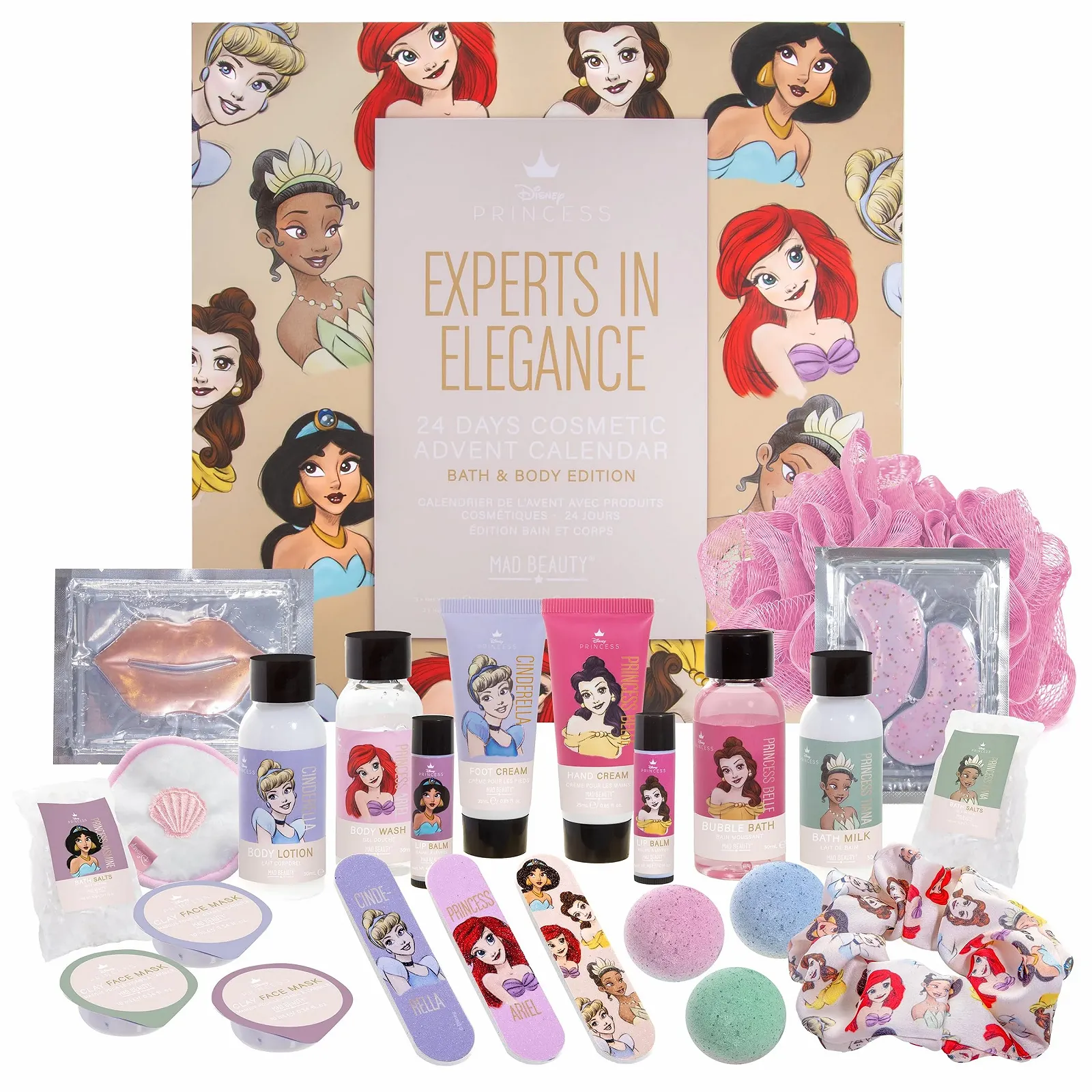 Адвент-календар MAD Beauty Disney Princess з 24 косметичними продуктами: маски для обличчя, лосьйон для тіла, резинка для волосся, фото №1