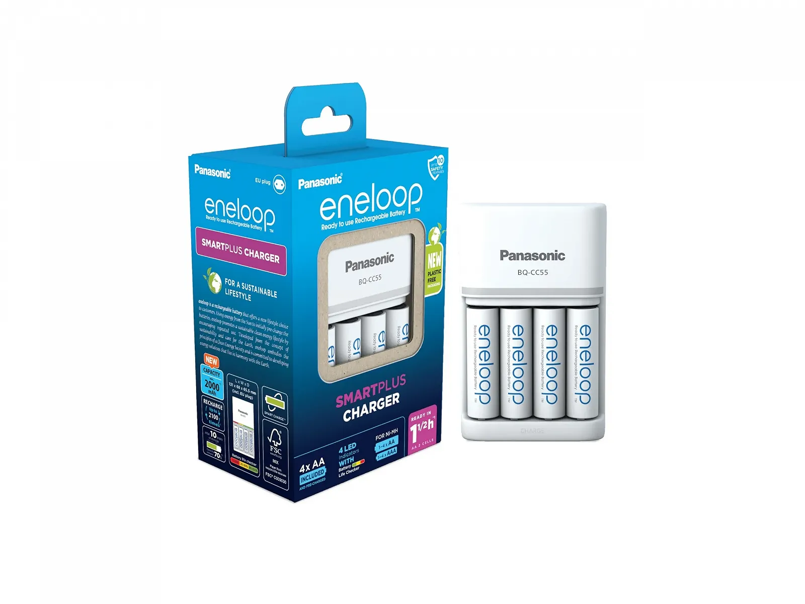 Зарядний пристрій eneloop SmartPlus для 1-4 AA/AAA NI-MH акумуляторів, 1.5 години час заряджання, включає 4 eneloop AA акумулятори (2000 mAh), фото №1