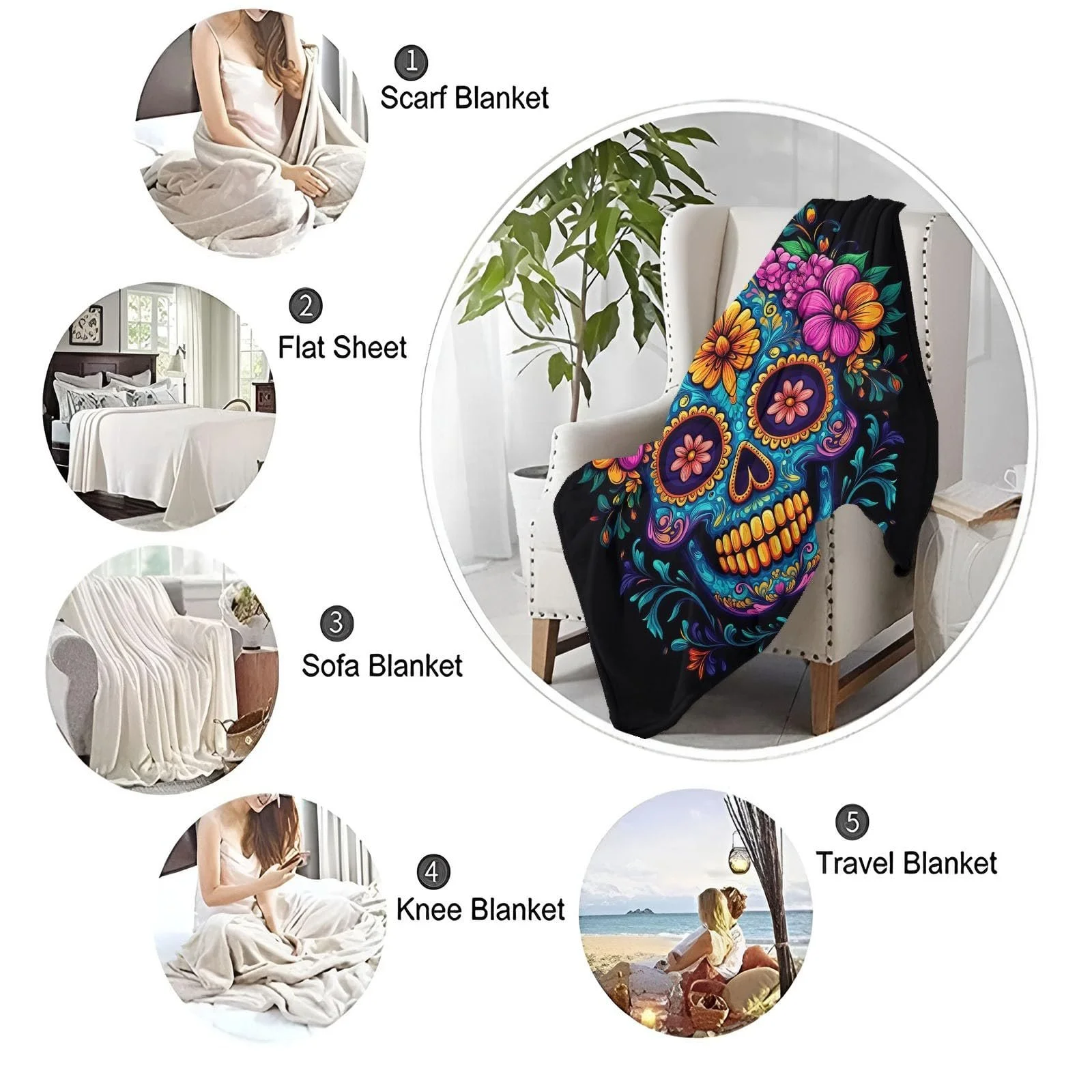 Одеяло Флисовое Простое Цветочное Череп Плотное и Теплое Фланелевое Одеяло Мягкое Пушистое Плюшевое для Всех Сезонов Сине-Оранжевое, 180 x 220 см, фото №7