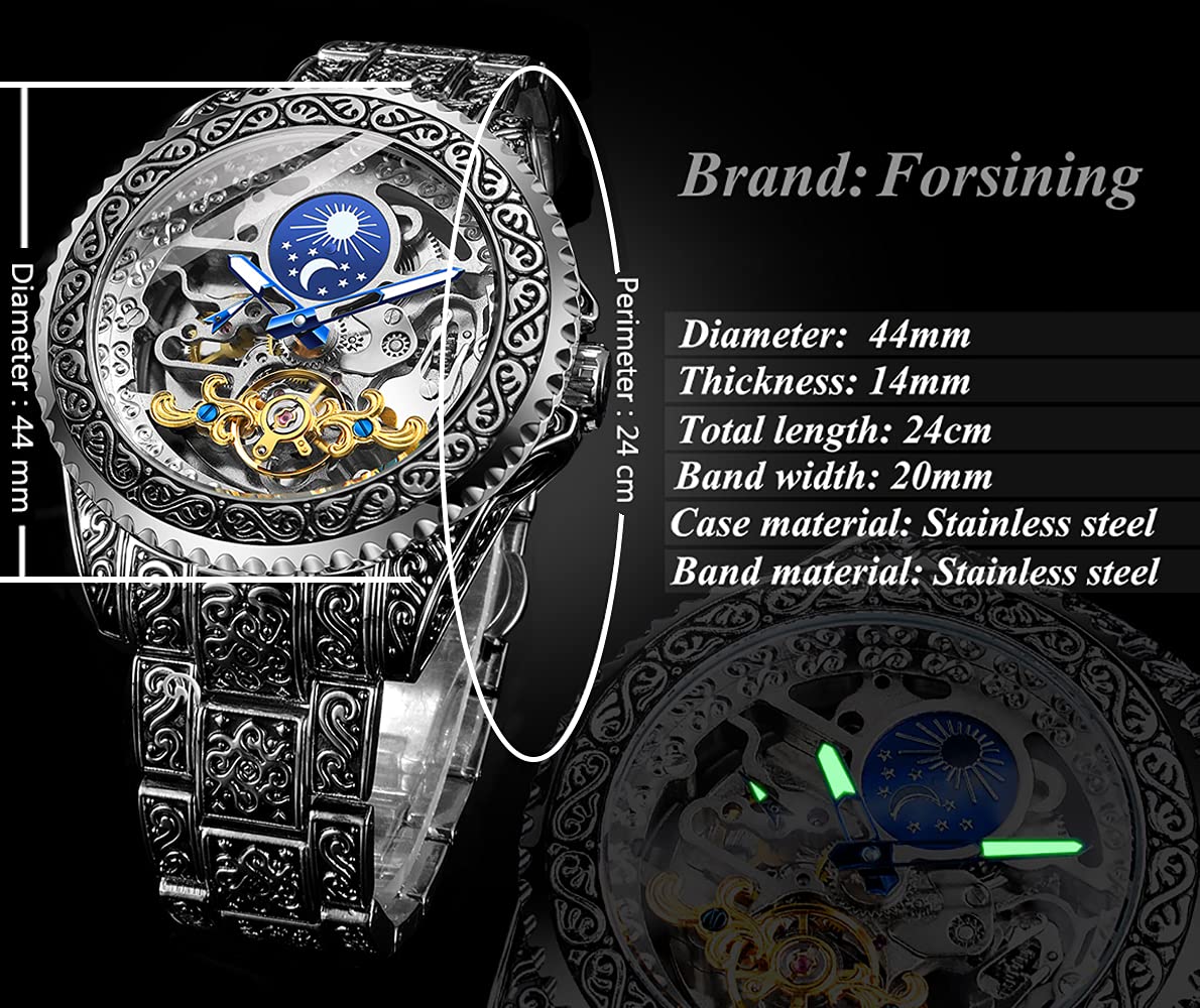 Часы FORSINING Retro Мужские Carved Self Winding Mechanical Tattoo Tourbillon Moon Phase Independent Second Skeleton Automatic Большой Циферблат Серебряный, серебряный, Браслет, фото №7