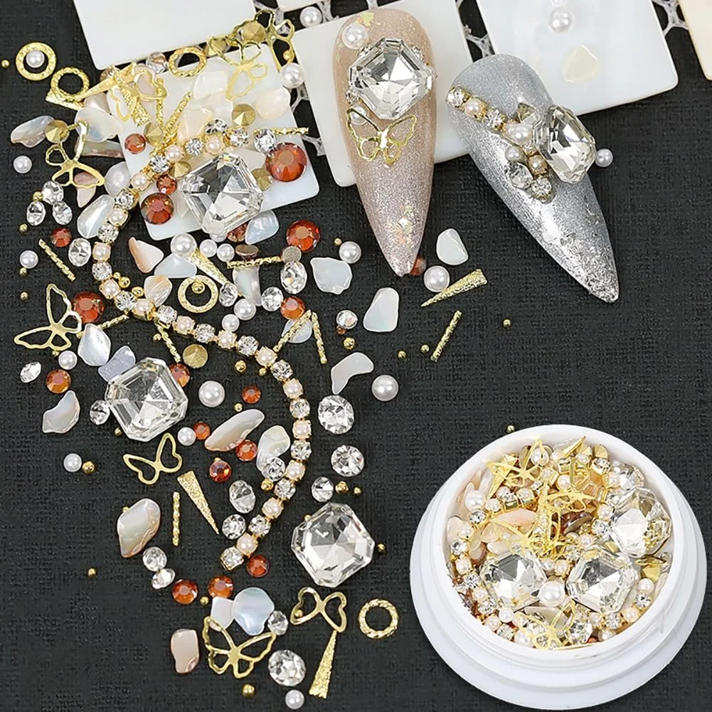 Стразы для ногтей 3D 4 коробки, разные формы, металлические заклепки, маленькие бусины для ногтей, икорные бусины для ногтей, блестящие драгоценные камни для ногтей, металлический драгоценный камень, искусственный жемчуг, фото №5
