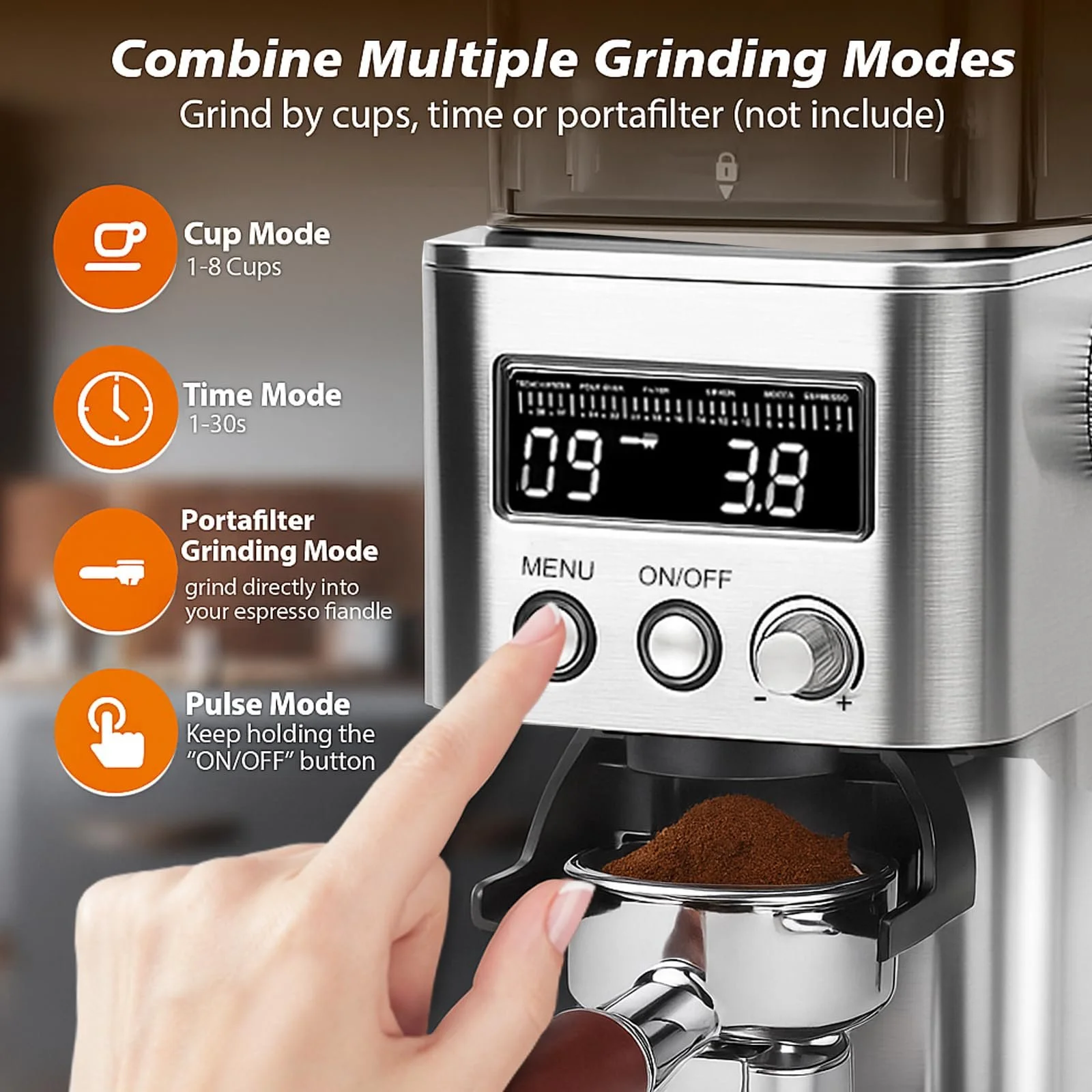 Кофемолка Homtone Электрическая из нержавеющей стали для портафильтра, с LCD экраном, 31 уровень помола, Коническая , для эспрессо/фильтр-кофе/заваривания кофе, фото №4