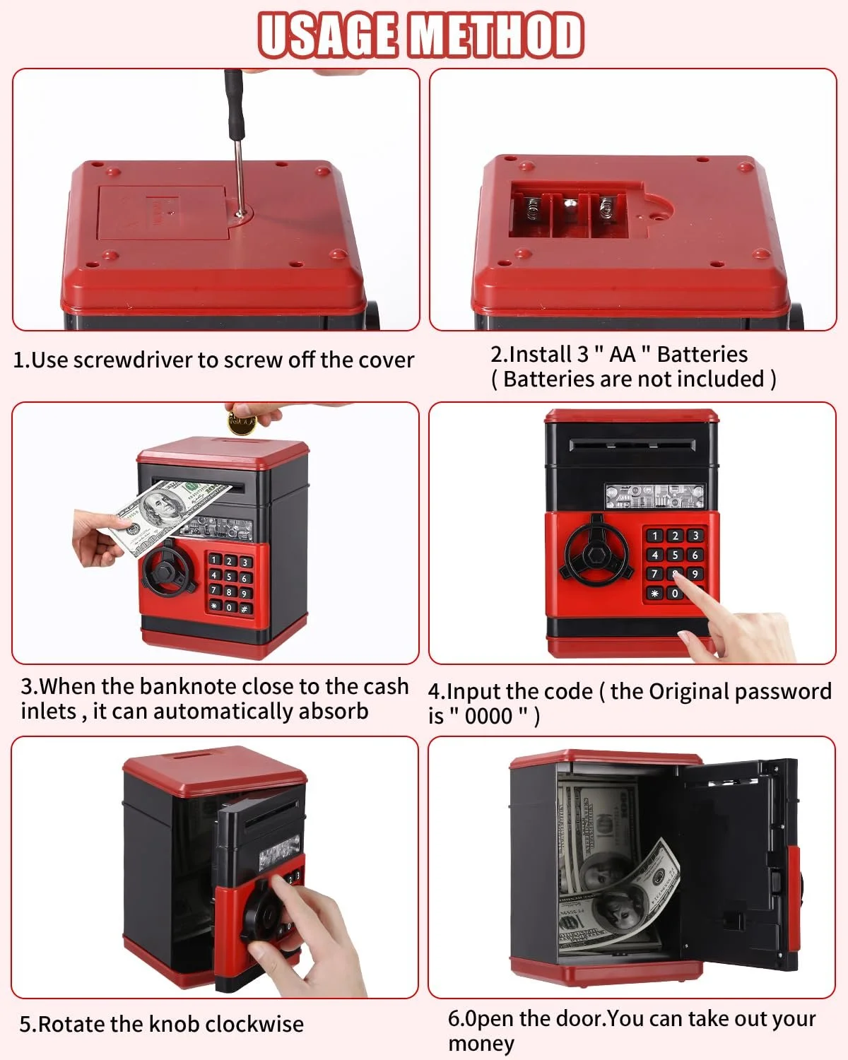 Скарбничка-сейф електронна з паролем автоматична з наклейками Червоний Чорний, фото №4