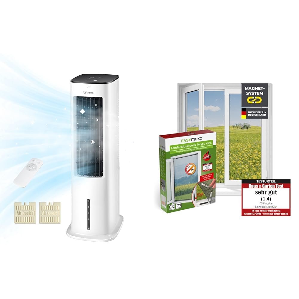 Охолоджувач повітря Midea 4-в-1 з водяним охолодженням та москітна сітка EASYmaxx Magic Click 150x130 см, фото №1
