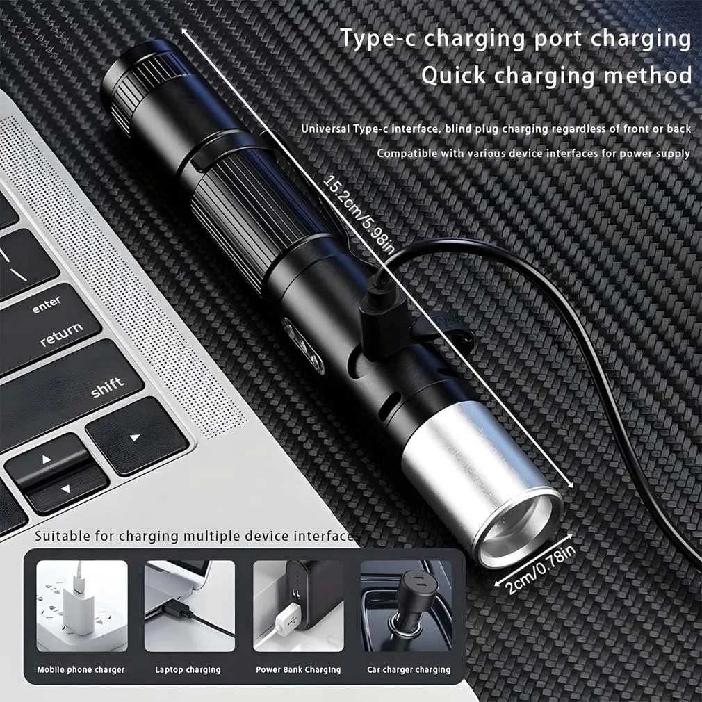 Ліхтарик вигнутий High Brightness, LED, акумуляторний, 9000 люмен, надзвичайно яскравий, масштабований, тактичний із 7 режимами освітлення, різнокольоровими бічними вогнями та магнітною основою для кемпінгу, фото №6