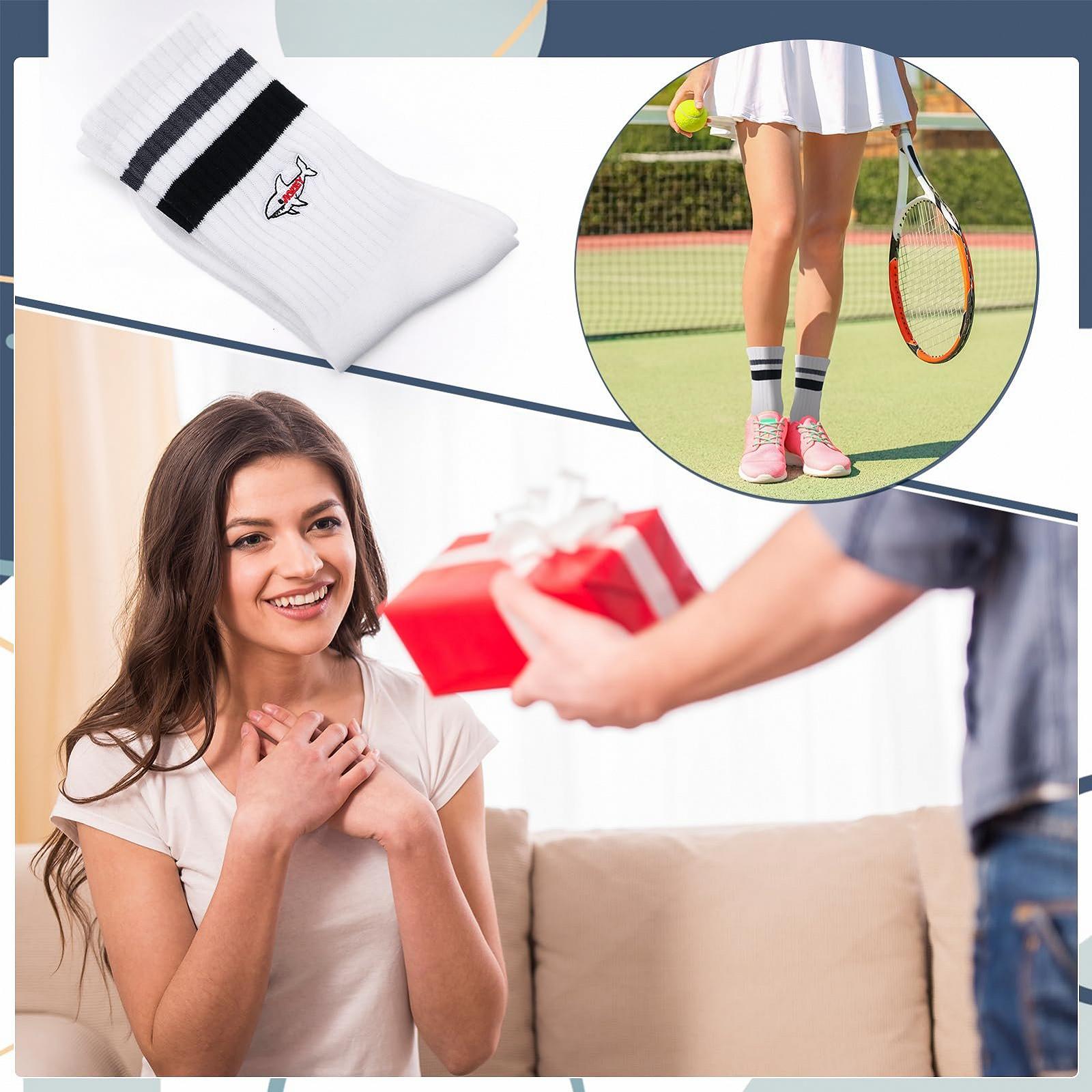 Теннисные носки с вышивкой, 4 пары, забавные носки с мотивом, 39-43, хлопковые белые спортивные носки в полоску с вышивкой акулы, подарки для мужчин и женщин, фото №7