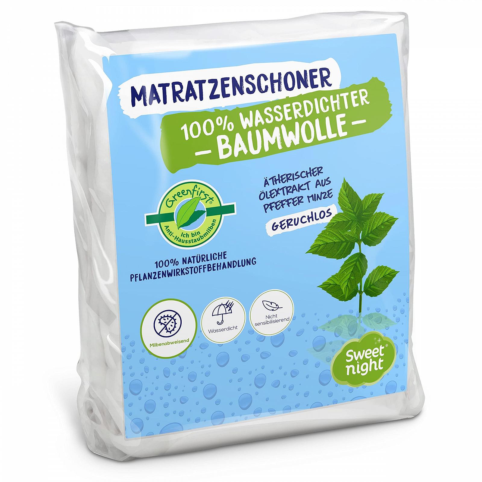 Наматрацник SWEET NIGHT Greenfirst 80 x 190/200 см, оброблений рослинним засобом, водонепроникний, протикліщовий, 100% бавовняний фліс, тихий та дихаючий, фото №1