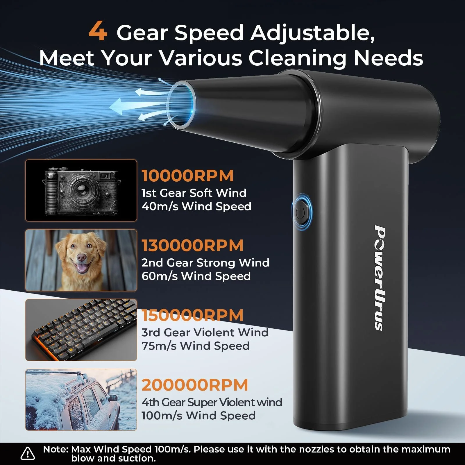 Электрическая воздуходувка 2-в-1 PowerUrus 200,000 RPM 4 скорости 8000mAh Алюминиевая, фото №4