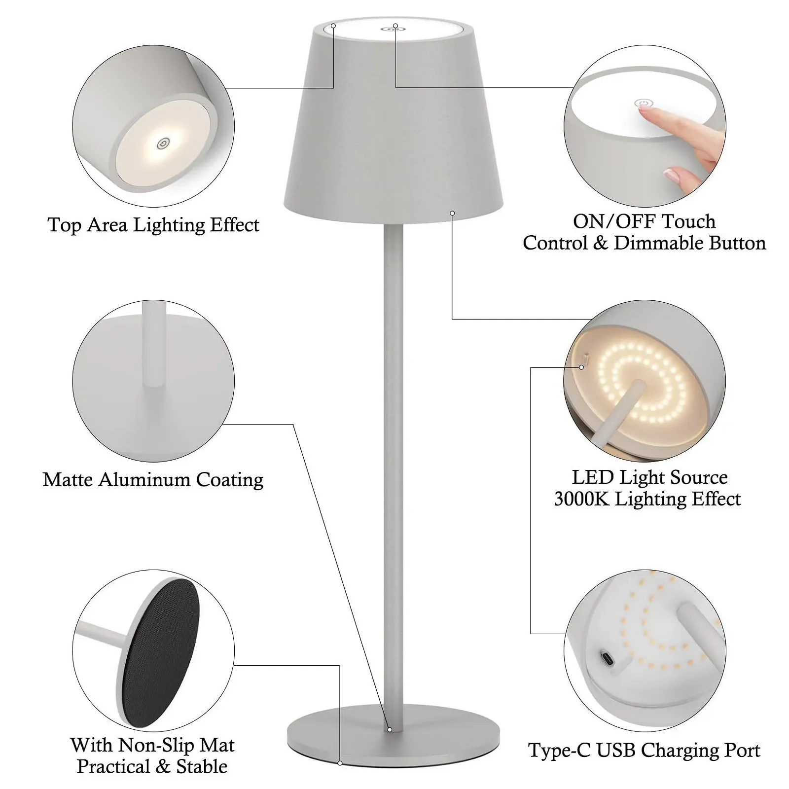 Настільна лампа LED Klighten Набір з 2 шт. Димована Акумулятор USB-C 3000 К IP54 Алюміній Пісочно-сірий, фото №2