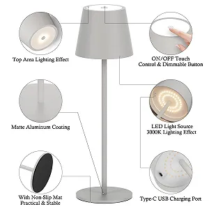 Настільна лампа LED Klighten Набір з 2 шт. Димована Акумулятор USB-C 3000 К IP54 Алюміній Пісочно-сірий synthetic.ua - Фото 1