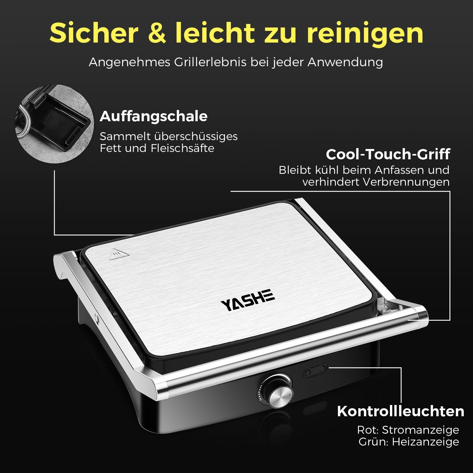 Контактний гриль YASHE 2000W, гриль для паніні на 4 скибочки, відкриття на 180


 градусів, антипригарні пластини, регульована температура, ручка Cool Touch, піддон для збору жиру, сріблястий/нержавіюча сталь, фото №6