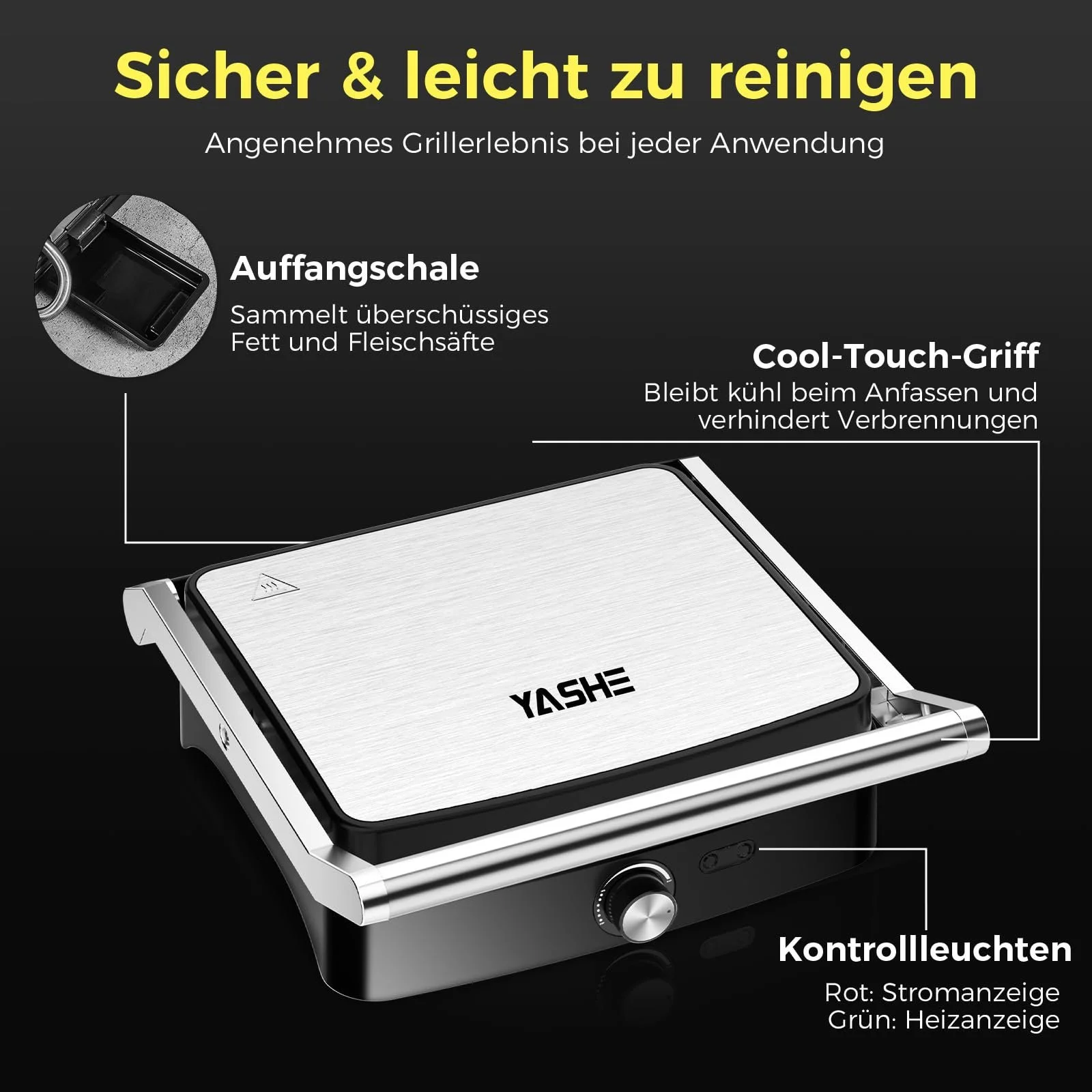 Контактний гриль YASHE 2000W, гриль для паніні на 4 скибочки, відкриття на 180
градусів, антипригарні пластини, регульована температура, ручка Cool Touch, піддон для збору жиру, сріблястий/нержавіюча сталь, фото №6 Контактний гриль YASHE 2000W, гриль для паніні на 4 скибочки, відкриття на 180
градусів, антипригарні пластини, регульована температура, ручка Cool Touch, піддон для збору жиру, сріблястий/нержавіюча сталь, фото №6