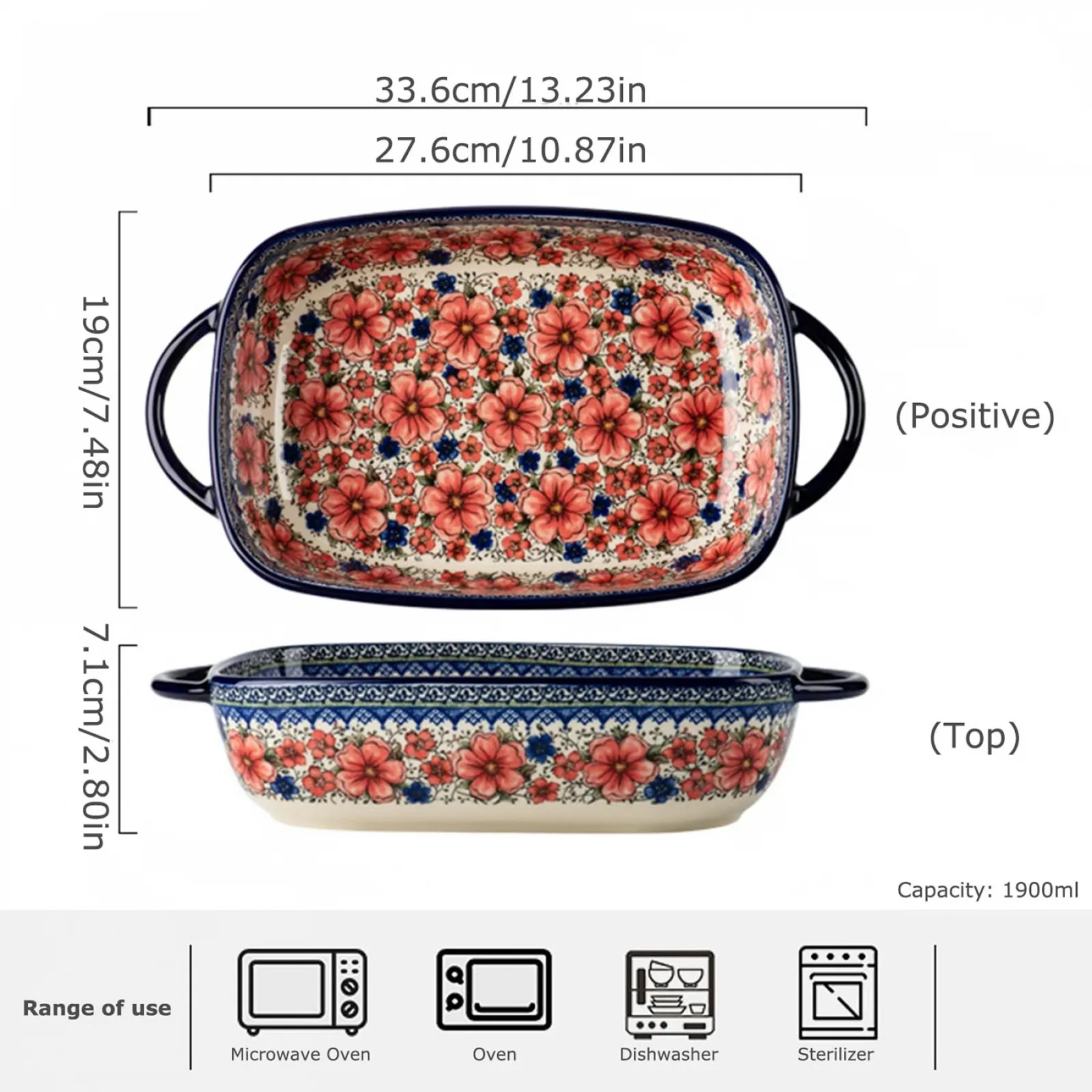 Форма для лазаньи Керамическая Прямоугольная С ручками 33,5 x 19 см 1,9 л, фото №2