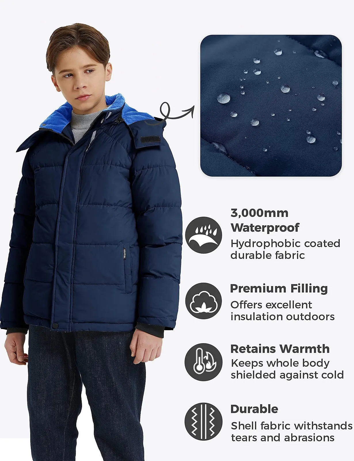 Куртка Wantdo Зимняя теплая флисовая куртка для мальчиков, утепленная хлопковая куртка, классическая ветрозащитная стеганая парка, уличная куртка с капюшоном, фото №4