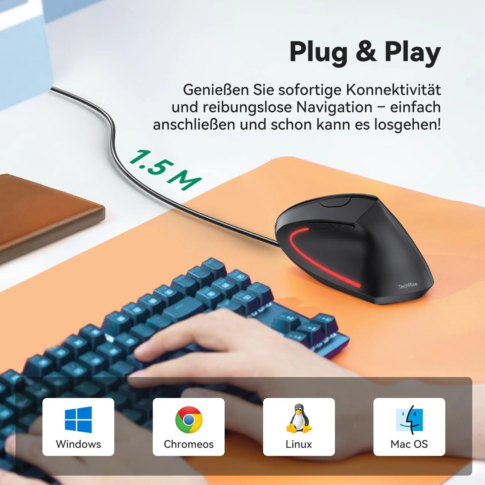 Мышь TechRise вертикальная эргономичная, 6400 DPI, 6 кнопок, оптическая, с кабелем, фото №7