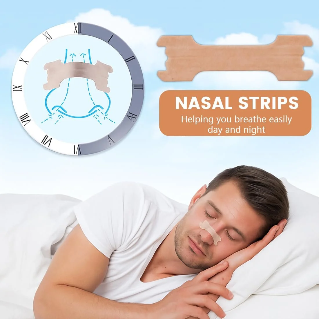 Назальные наклейки от храпа 60 шт. Телесного цвета, нетканые, для физического облегчения заложенности носа, фото №3