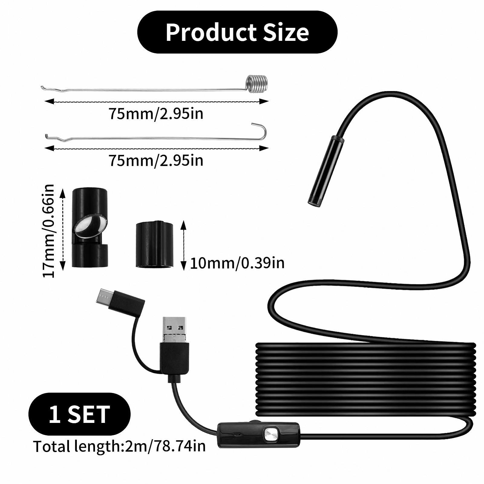 Эндоскоп Инспекционная Камера Type C USB 3 в 1 с 6 LED Подсветками 7мм IP67 Водонепроницаемая для труб Android Компьютер (2м), фото №4