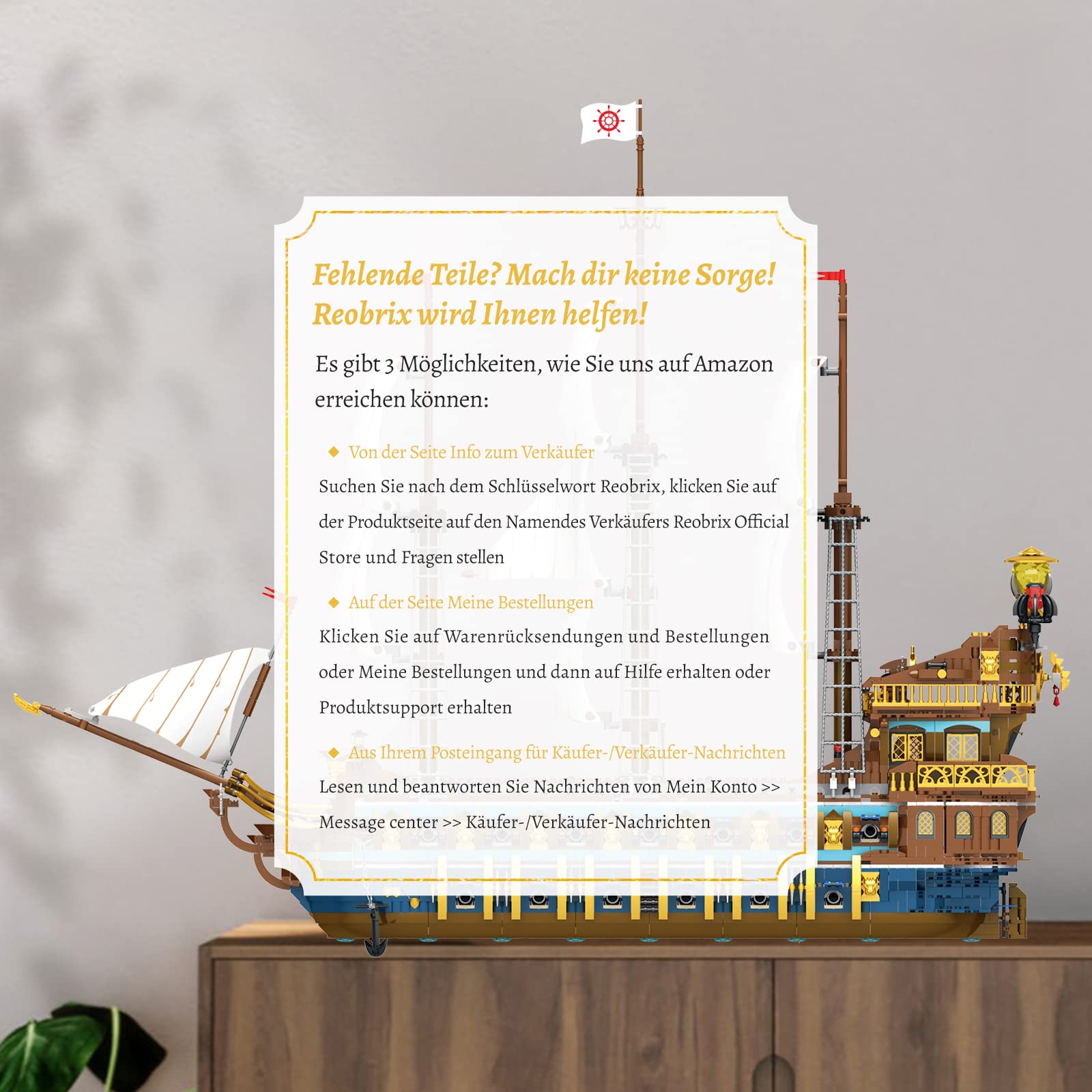 Модель Reobrix 66011 Корабль Солнечного Пирата с тканевыми парусами 3162 шт. Золотое покрытие, фото №8