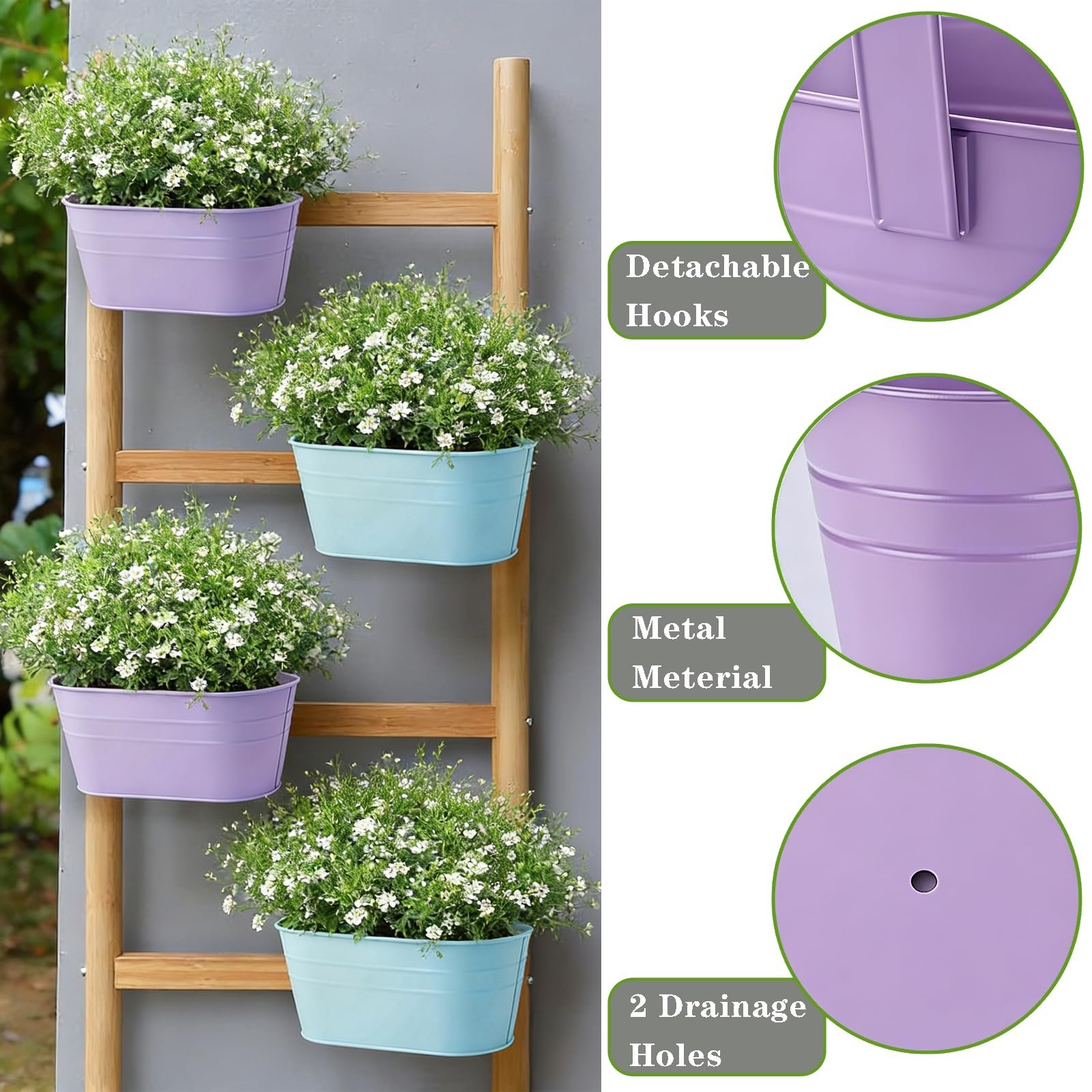 Підвісні квіткові горщики Набір 4 шт. Металеві з дренажними отворами та знімними гачками Фіолетовий/Синій, фото №4 Підвісні квіткові горщики Набір 4 шт. Металеві з дренажними отворами та знімними гачками Фіолетовий/Синій, фото №4