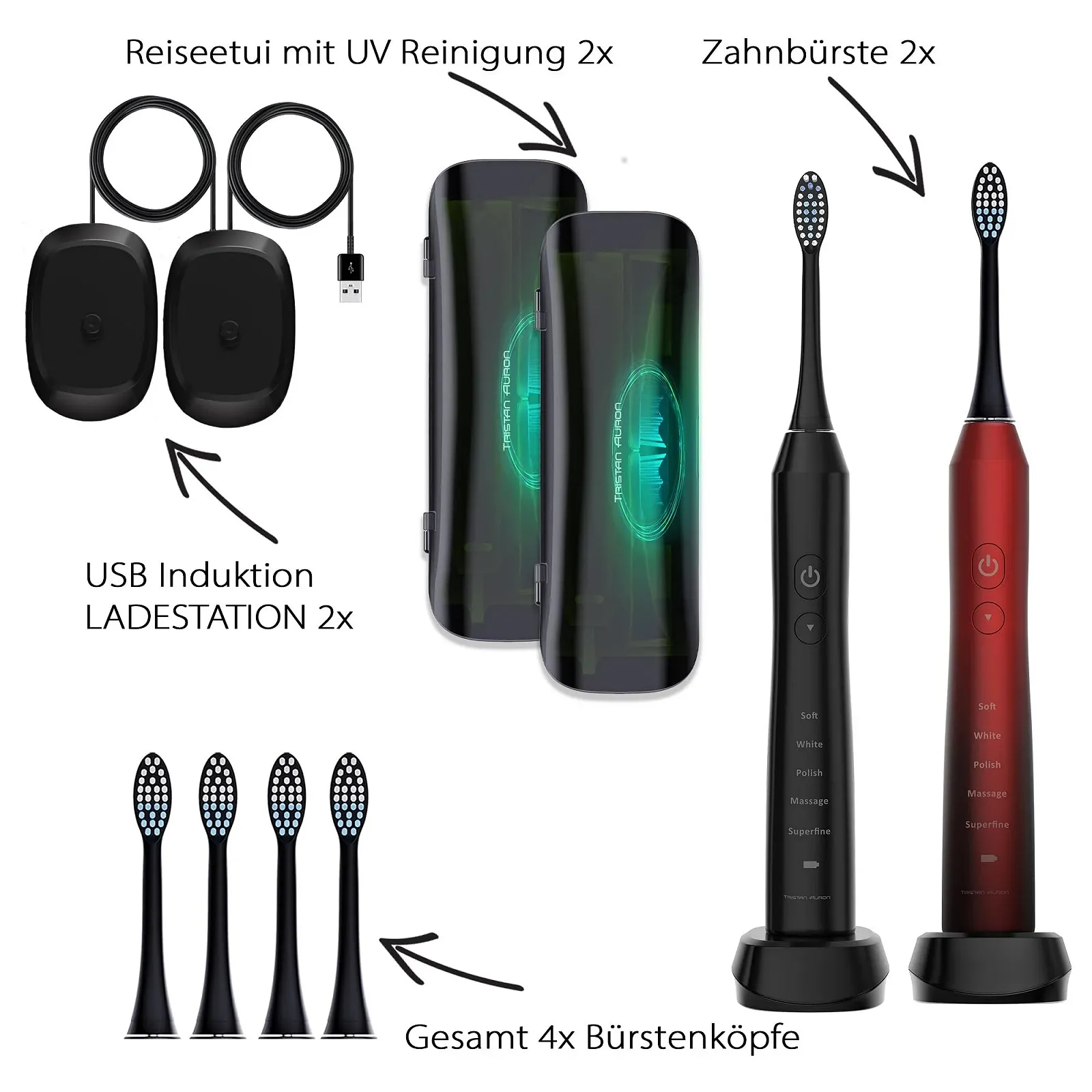 Звуковая зубная щетка Tristan Auron Double Pack 55000 VPM + UV футляр Красный/Черный, фото №8