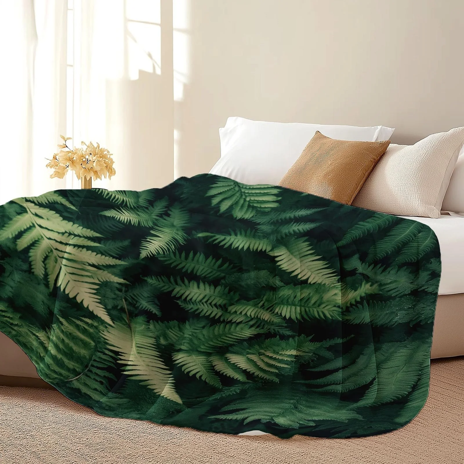 Одеяло Flanell 150 x 200 см, Натуральные Папоротник Листья, с принтом, Мягкое, Пушистое, Теплое, Зеленое, Черное, фото №6