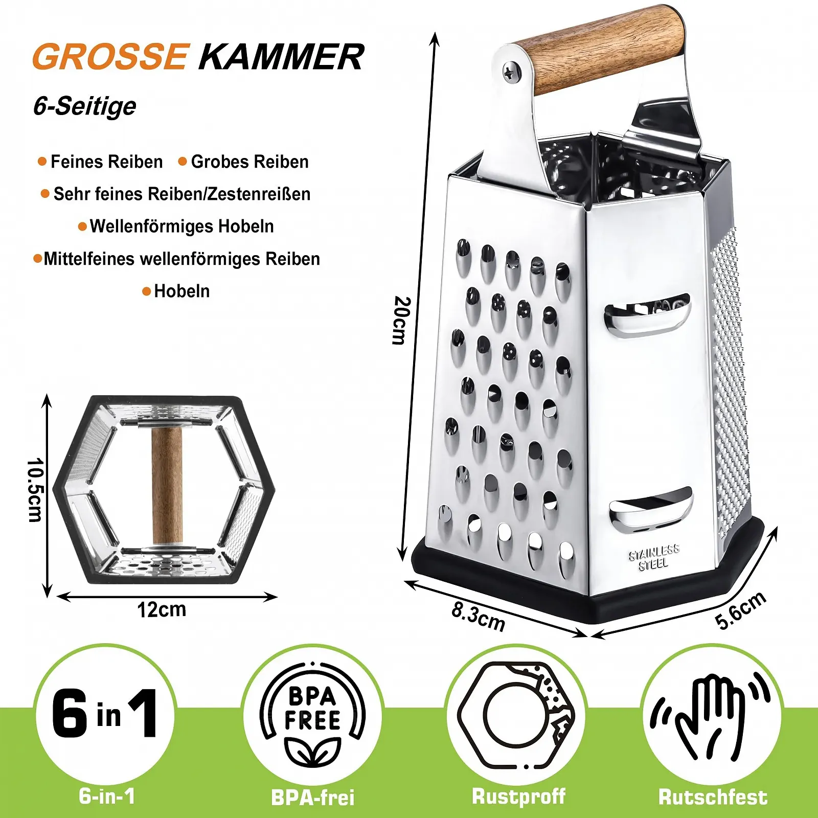 Терка Багатостороння, Квадратна, Нержавіюча сталь, 20 x 12 см, фото №4