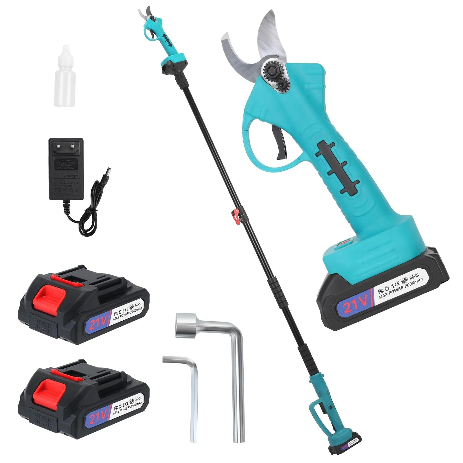 Секатор електричний телескопічний зі штангою 170 см, 33 мм 2-в-1 з 21 V, 2 x 2000 mAh акумуляторами, фото №1