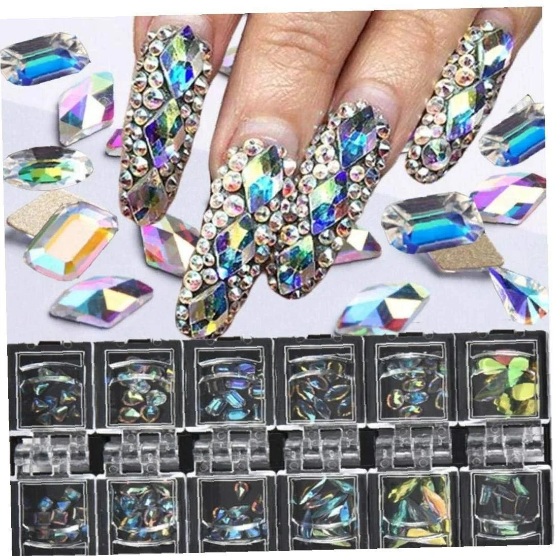 Набор хрустальных страз для ногтей 12 отделений/коробка, смешанные бриллиантовые камни для ногтей, одежды, обуви и рукоделия, фото №2