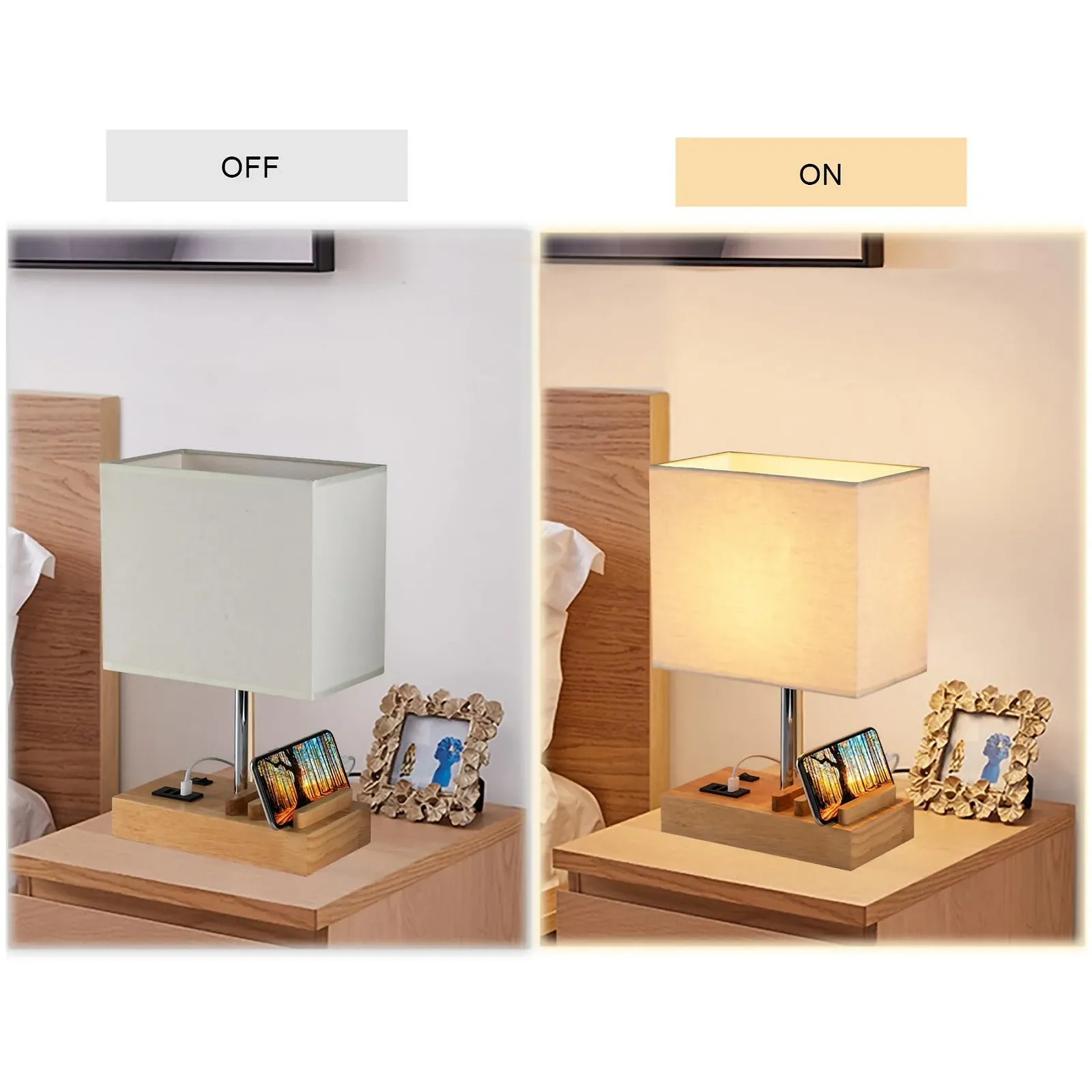 Настільна лампа Dreamholder 3 порти USB A+C 3 підставки для телефону дерево тканинний абажур, фото №6