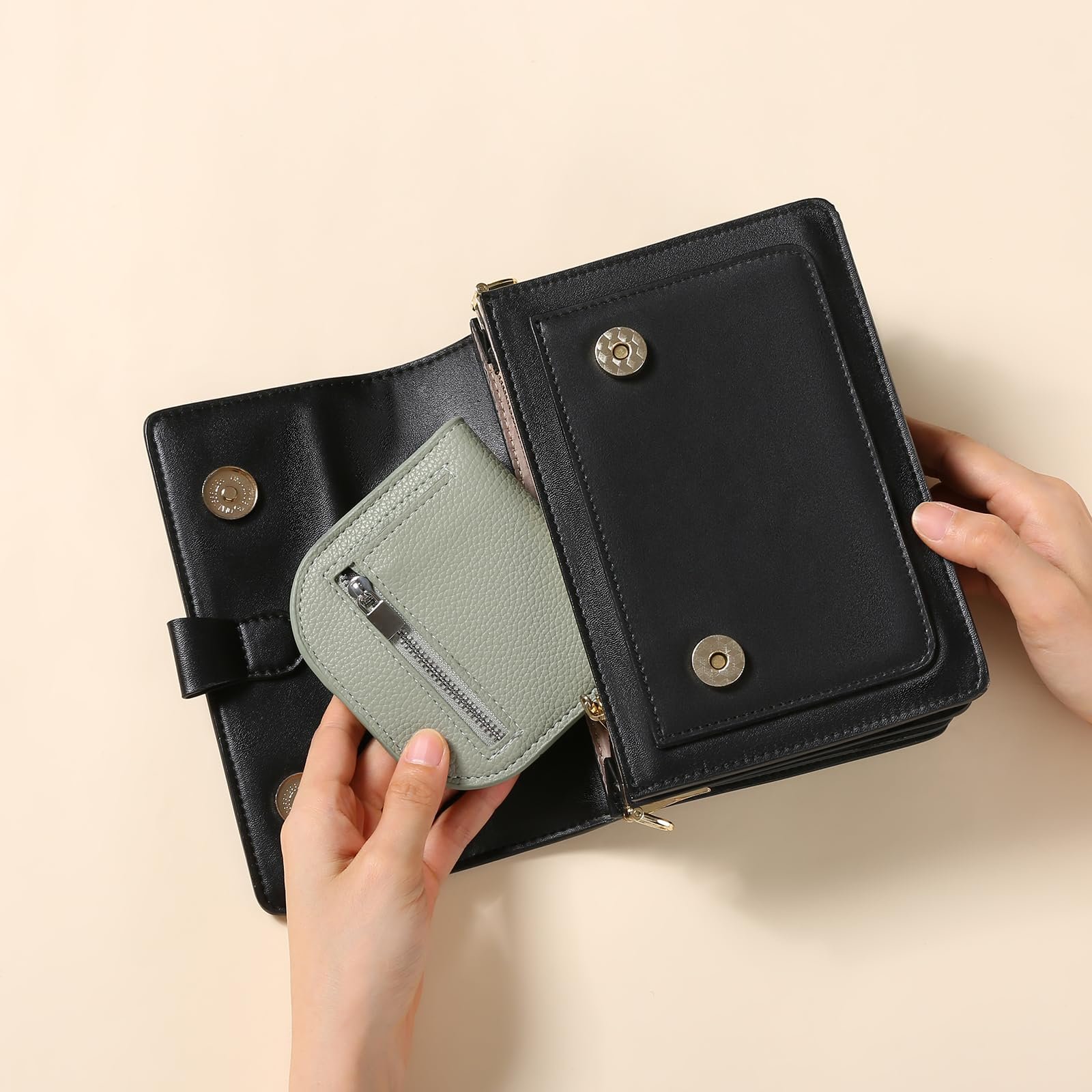 Кошелек SENDEFN Женский, RFID защита, кошелек для монет, маленький бифолд кошелек с отделением для наличных, карт, карман на молнии для монет, Зеленый, Минималистичный, фото №6