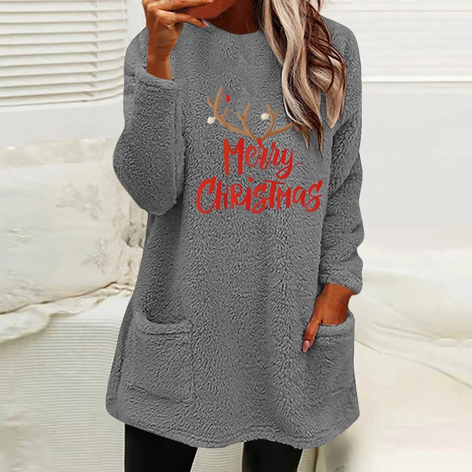 Рождественский Свитшот Женский Пуловер Осенне-зимний Термальный Худи без капюшона, фото №4