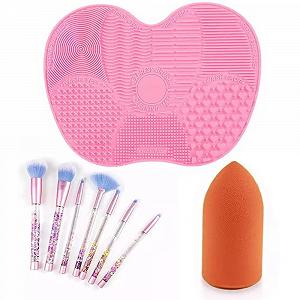 Силіконова XL килимок Ombre Make-up-спонжі для пальців та 7-елементний набір макіяжних кистей Помаранчевий - Фото 1