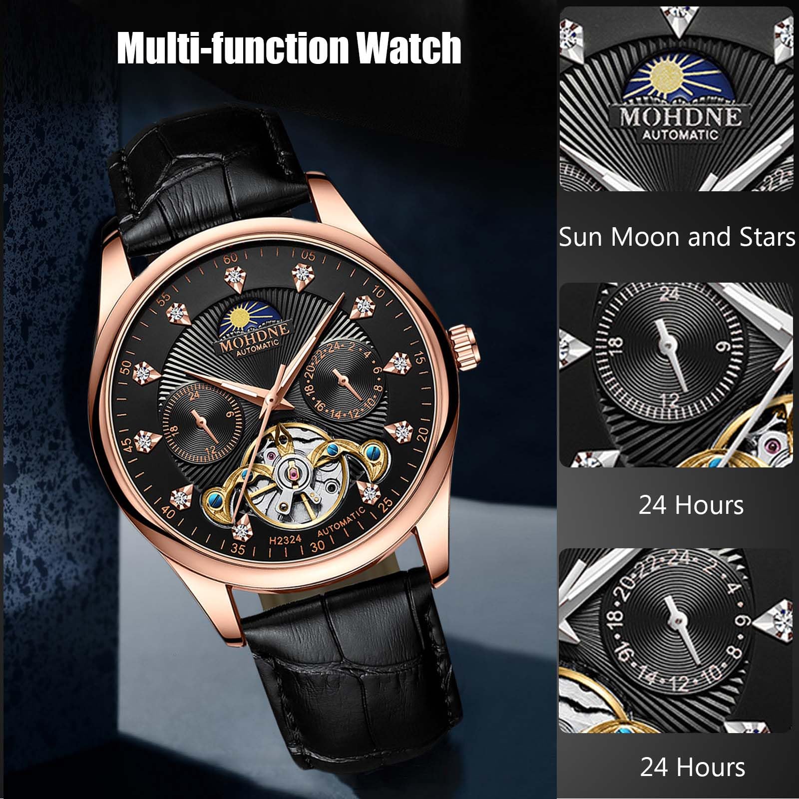 Часы rorios Men's Automatic Tourbillon Diamond Skeleton Waterproof Mechanical Luminous Moon Phase Leather Strap, фото №4