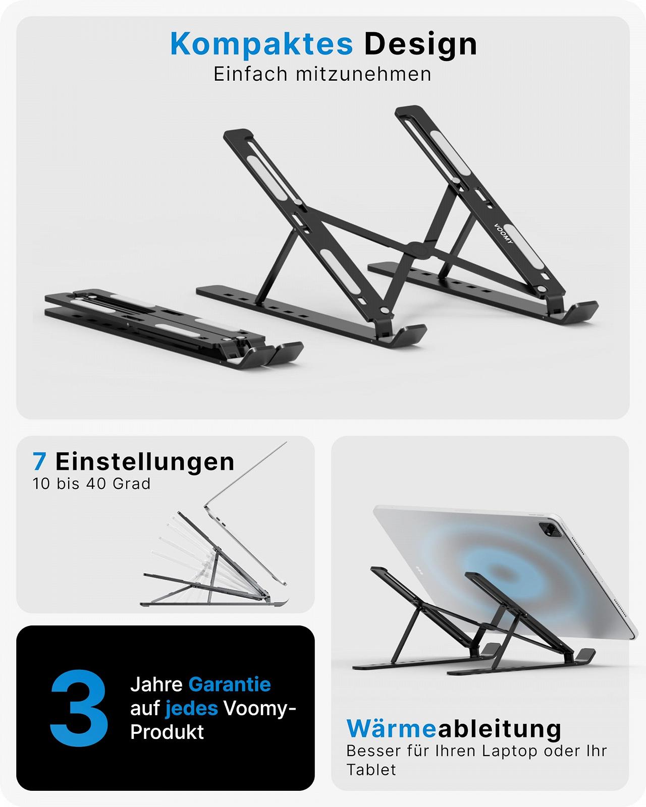 Підставка для ноутбука VOOMY, 6 рівнів, регульована по висоті, складна, для планшета, для ноутбука, сумісна з MacBook, HP, Lenovo, усі 9-16 дюймові ноутбуки та планшети, чорна, фото №4