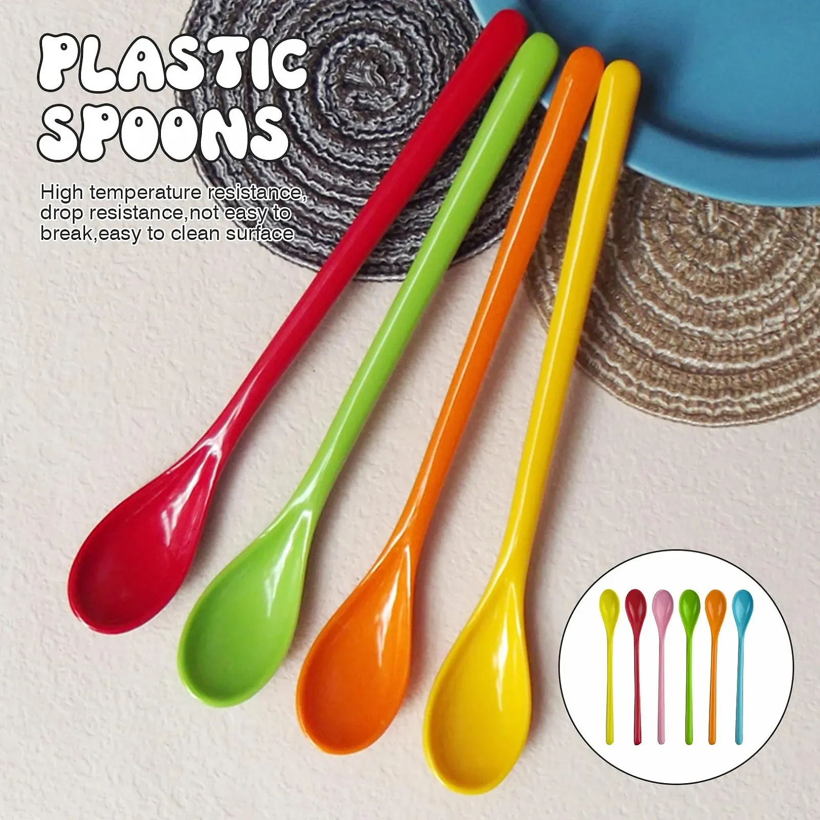 Ложки Пластикові Довгі Набір 6 штук 19 см Різнокольорові, фото №4