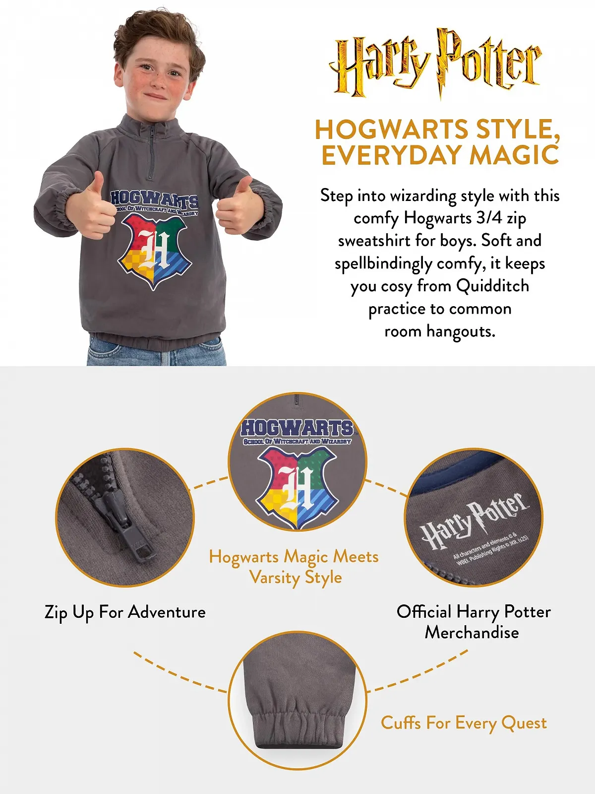 Джемпер Harry Potter Hogwarts для хлопчиків, дитячий, на блискавці 1/4, з довгими рукавами, фото №5