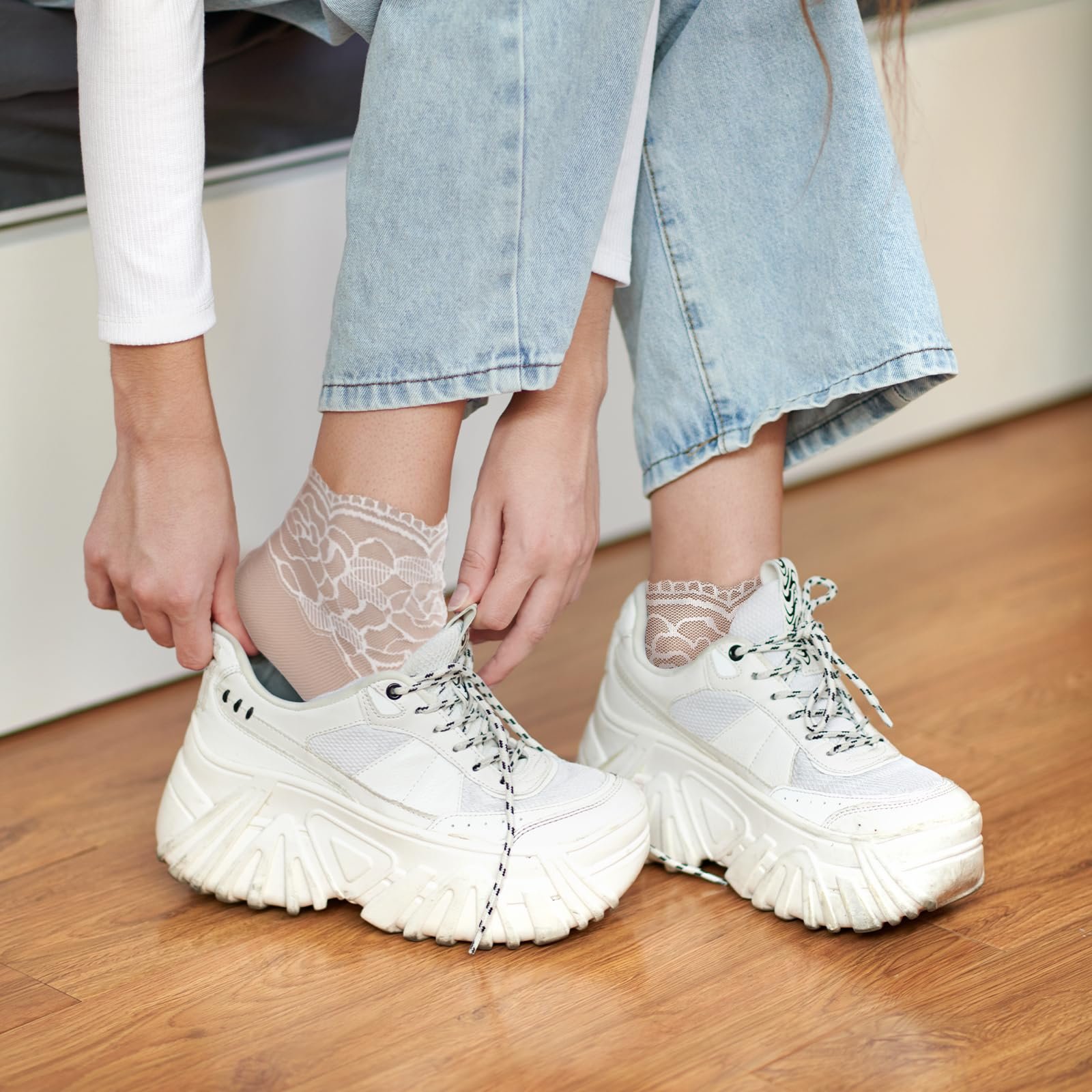 Носки Teaaha Женские, 5 пар коротких носков с кружевами и оборками, летние дышащие, белый/серый/розовый/черный/телесный цвет, один размер 30-40, фото №5