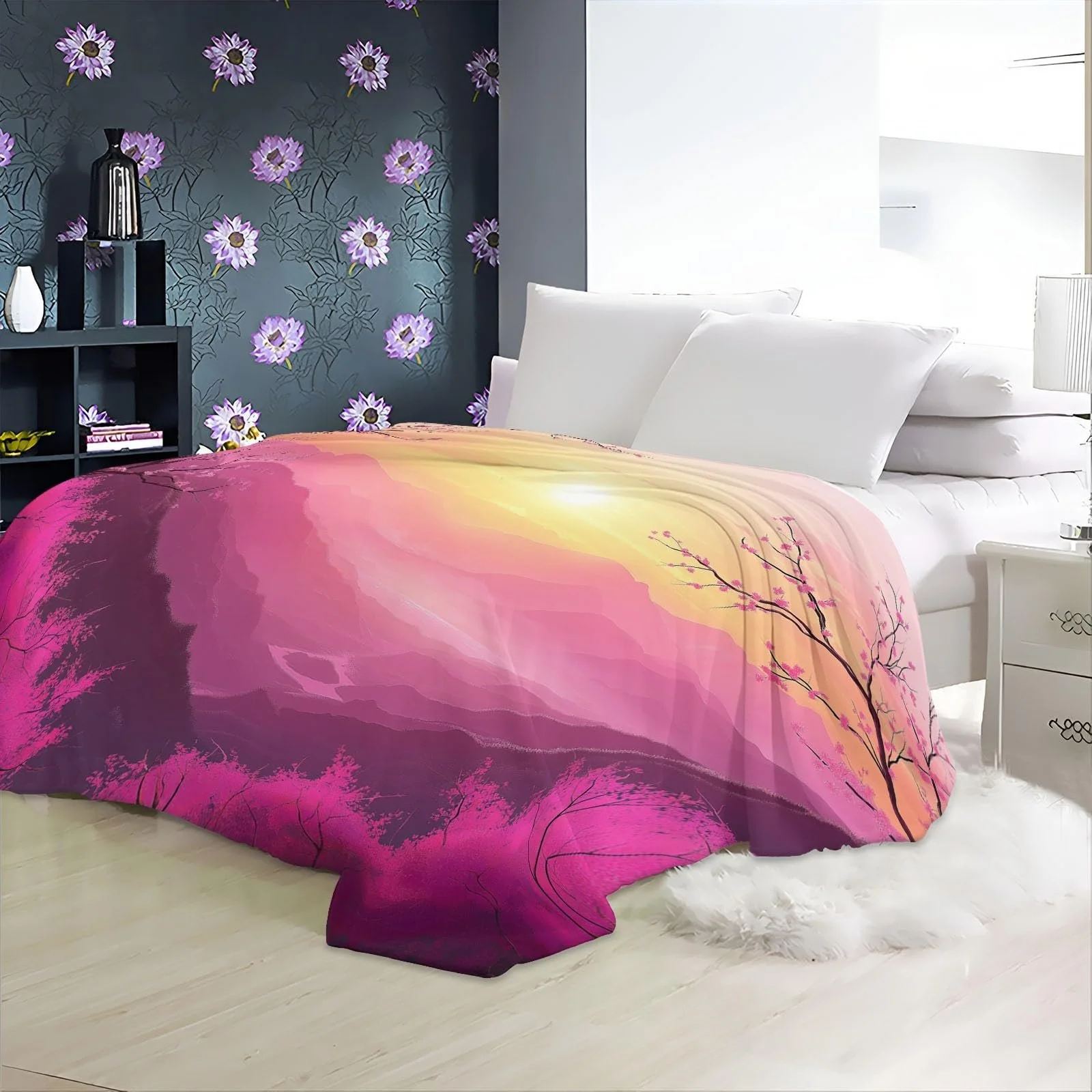 Фланелевое одеяло Плюшевое розовое фланелевое одеяло Теплое Dream Sunset Plum Blossom 3D Printed Blanket - All Seasons Children's Bed Linen Фланелевые пледы 200 x 220 см, фото №4