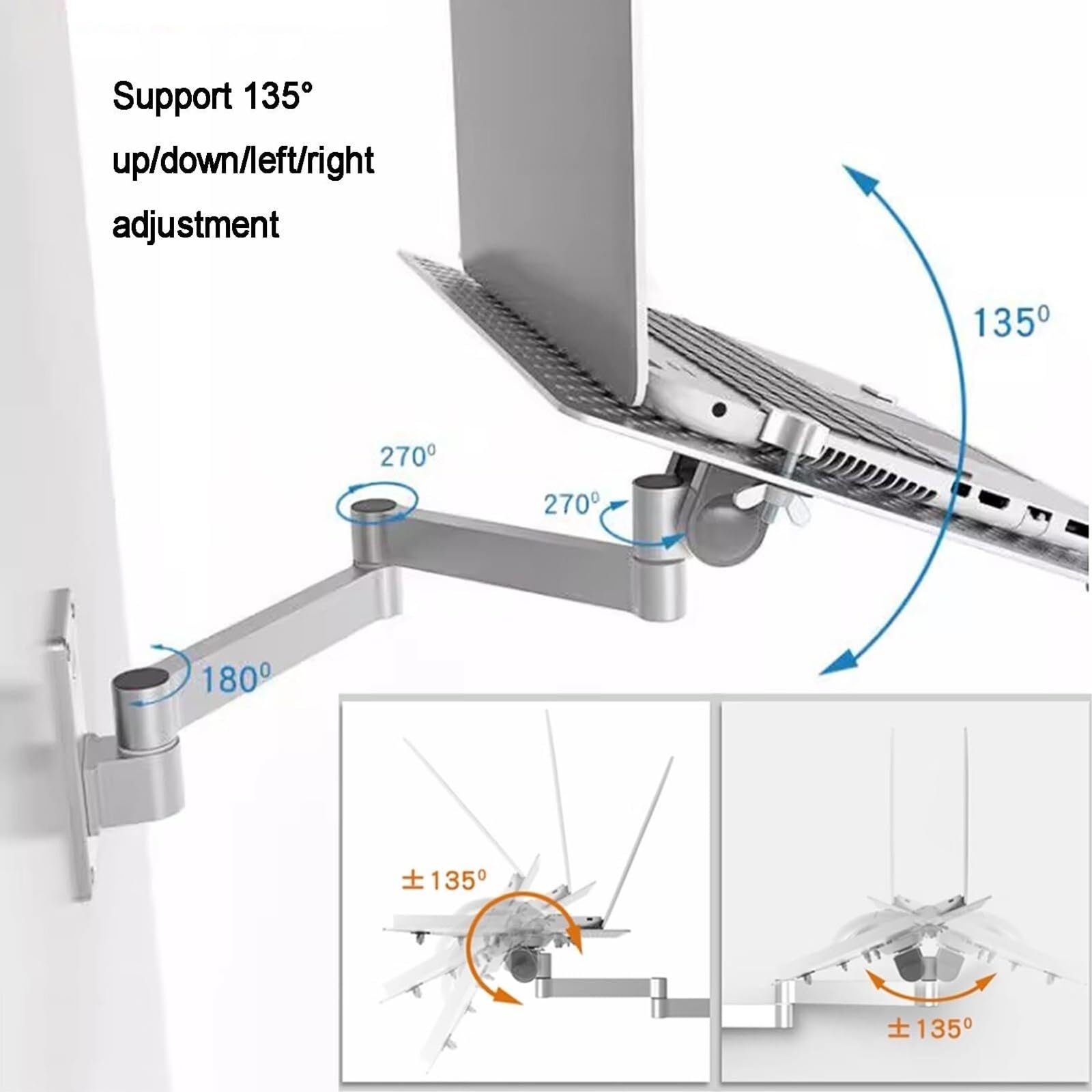Настінне кріплення для ноутбука, регульований тримач з підставкою для миші, алюмінієвий сплав, вантажопідйомність 8 кг, фото №3