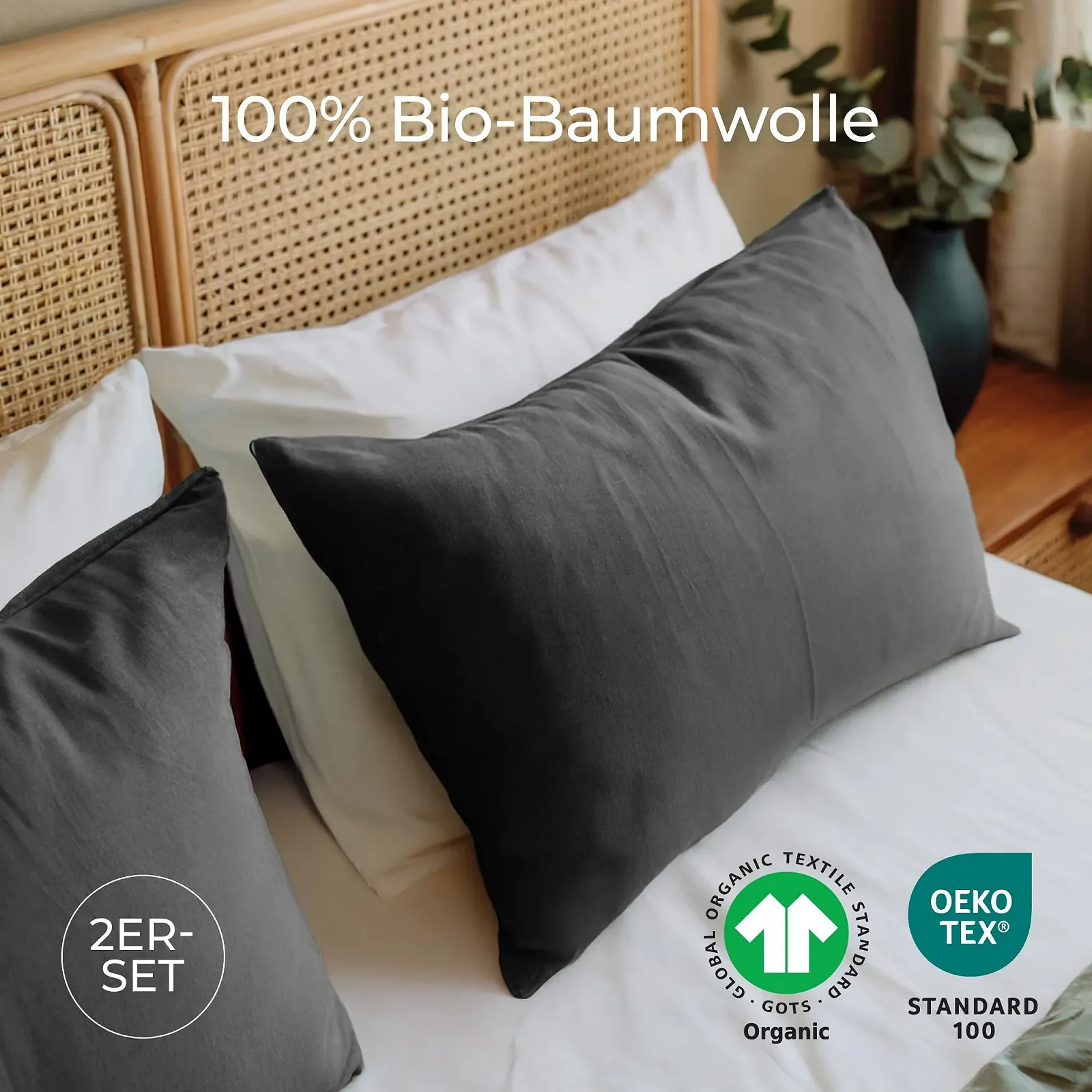 Наволочка Dreamzie Organic Cotton 40 x 80 см, комплект 2 шт, Антрацит, фото №2 Наволочка Dreamzie Organic Cotton 40 x 80 см, комплект 2 шт, Антрацит, фото №2