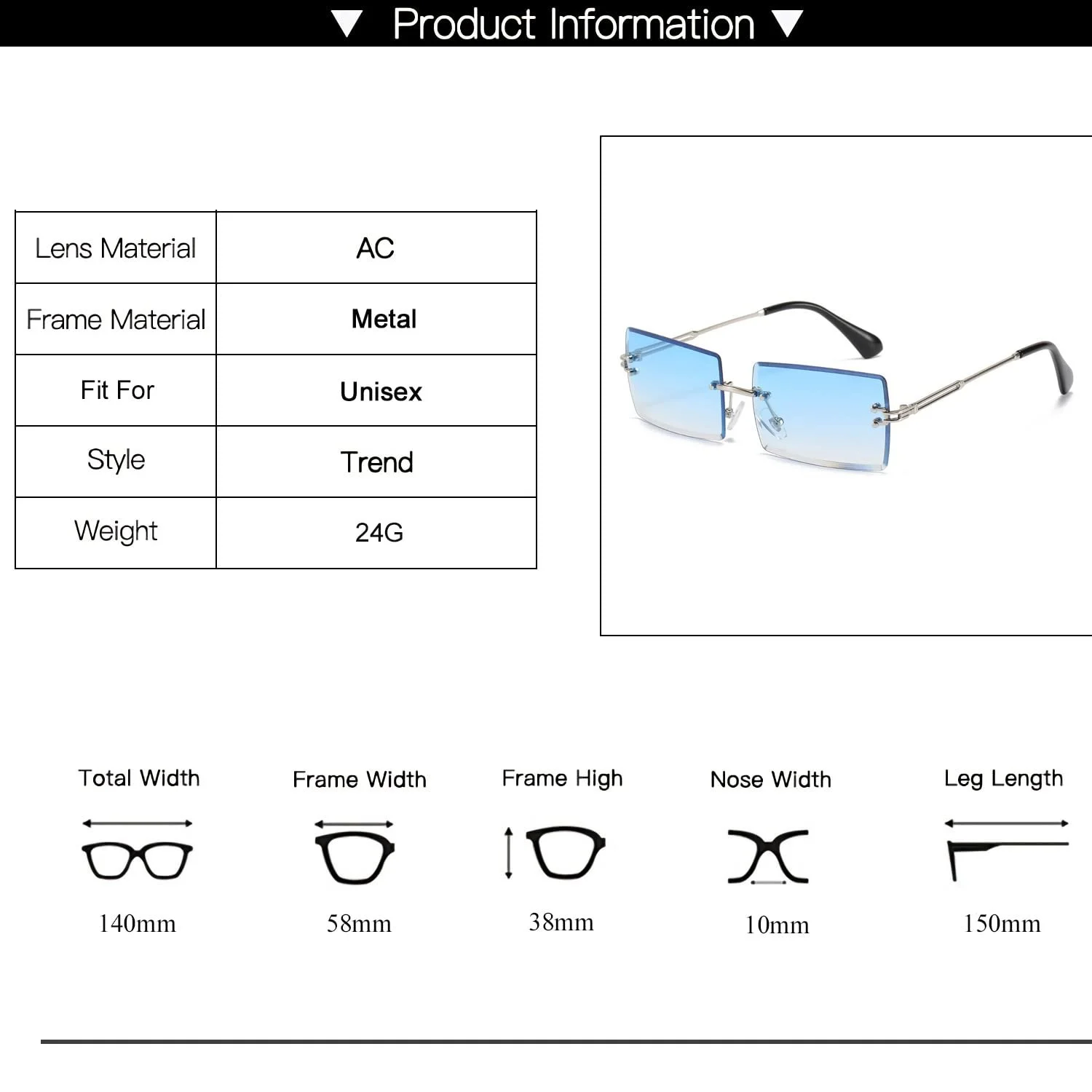 Модні сонцезахисні окуляри OSAGAMA Маленькі прямокутні безрамкові для чоловіків і жінок, фото №3